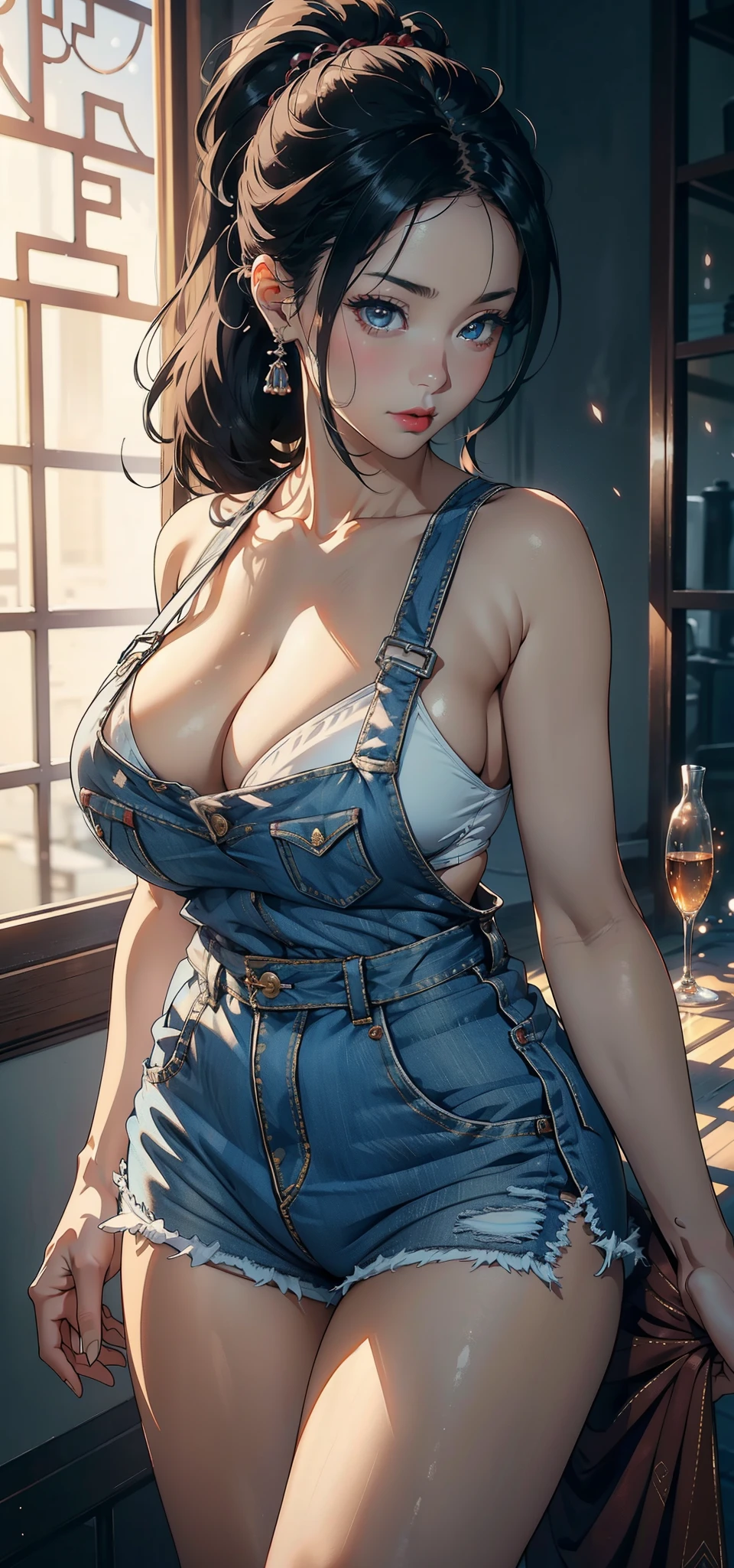 1female，45 yers old，A MILF，熟妇，mature，Married woman is a little fat，The chest is large，Huge cleavage， A sagging breast，独奏，（Background with：The large） ，high ponytails，Short hair details，seen from the front， The sky is mostly cloudy，（（（tmasterpiece），（Very detailed CG unified 8k wallpaper），Best quality，电影灯光，detailed back ground，beautidful eyes，Bright pupils，黑The eye，Snow-whiteskin，Redlip（very delicate beautiful），（Beautiful and detailed eyes description），ultra - detailed，tmasterpiece，））facing at the camera，A high resolution，ultra - detailed），The chest is large，A sagging breast，Expose breasts exposed，Bare genitals，  convex，legs are open，Raised sexy，Camel toes，face flushed，，（dressed in：denim short，aprons）