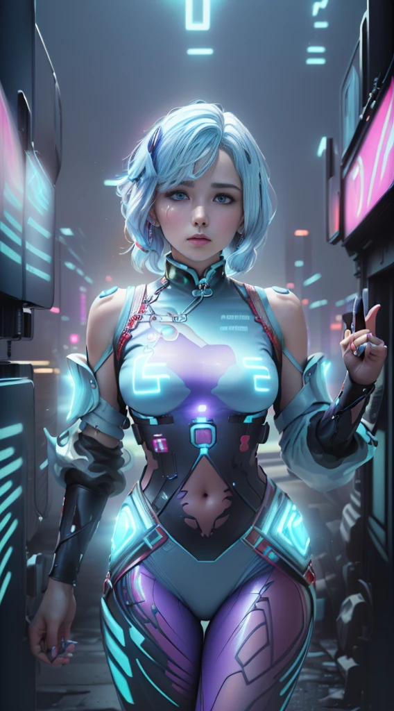 (masterpiece, best quality, high res, absurdres, ultra-detailed:1.3), (((1 girl, alone))), (tron, cybers pace, techno, cyberpunk, (((light blue hair))), blue and purple neon light rays, synthwave, iridescent, perfect hands, perfect eyes, perfect body, chinese clothes, intricate details, holographic, hdr: 1.6), (prpdef1, cowboy shot:1.3)