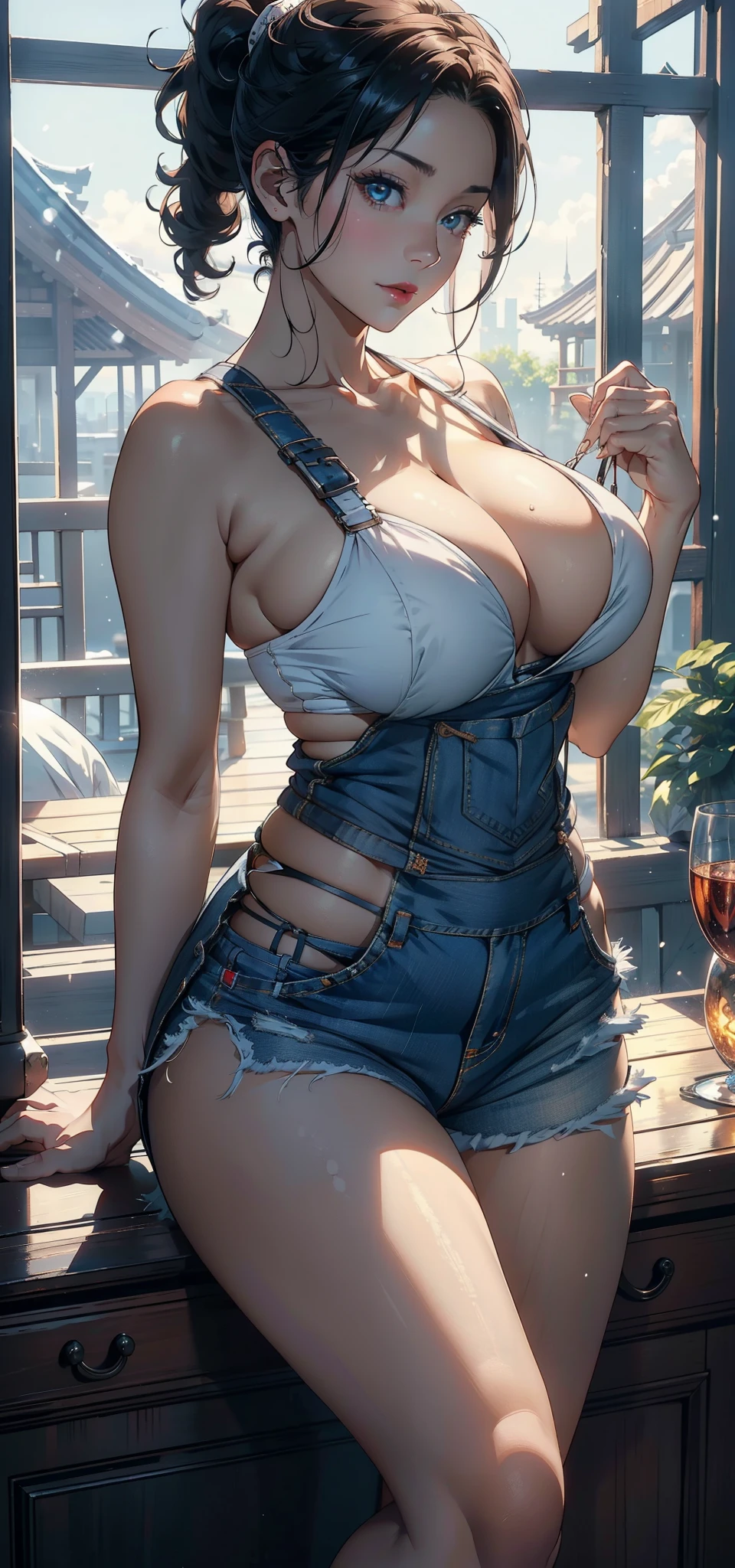 1female,45 yers old,A MILF,熟妇,mature,Married woman is a little fat,The chest is large,Huge cleavage, A sagging breast,独奏,(Background with:The large) ,high ponytails,Short hair details,seen from the front, The sky is mostly cloudy,(((tmasterpiece),(Very detailed CG unified 8k wallpaper),Best quality,电影灯光,detailed back ground,beautidful eyes,Bright pupils,黑The eye,Snow-whiteskin,Redlip(very delicate beautiful),(Beautiful and detailed eyes description),ultra - detailed,tmasterpiece,))facing at the camera,A high resolution,ultra - detailed),The chest is large,A sagging breast,Expose breasts exposed,Bare genitals, convex,legs are open,Raised sexy,Camel toes,face flushed,,(dressed in:denim short,aprons)