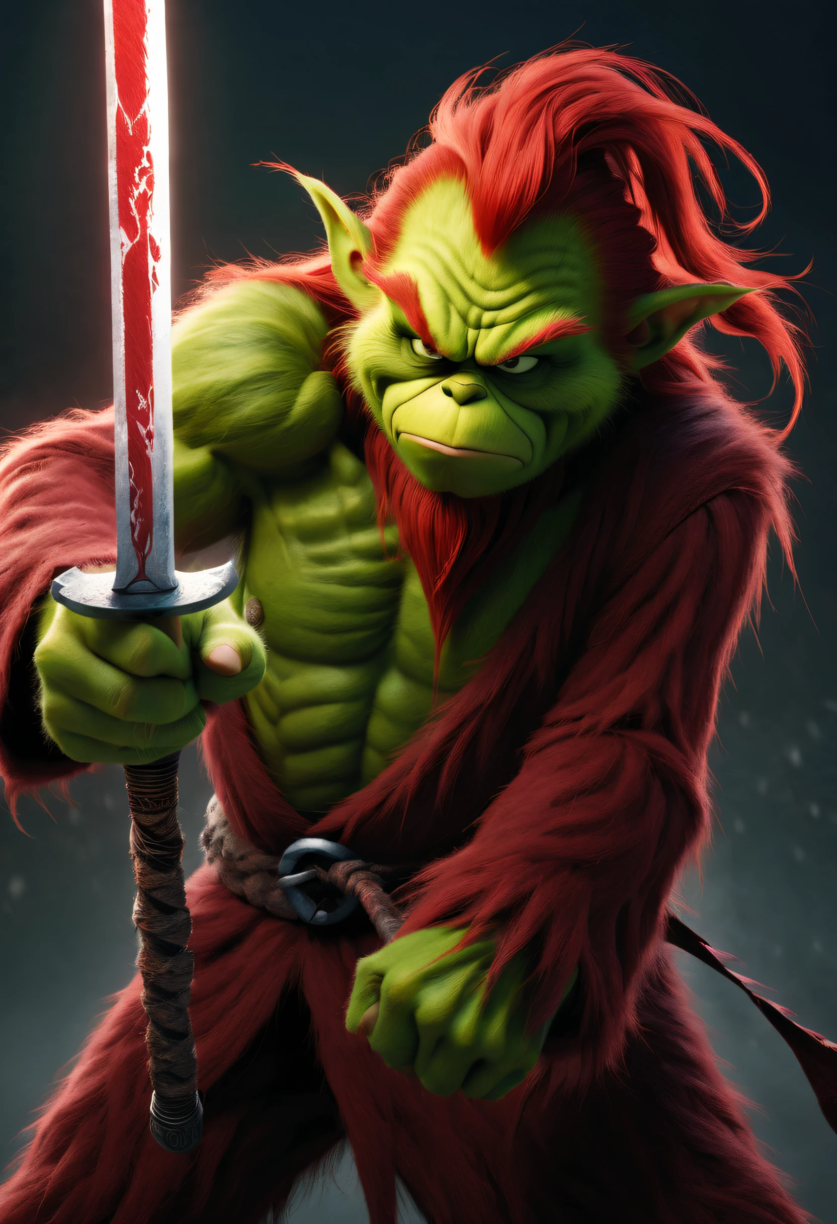 （Best quality at best），detailed back ground，Red-haired Grinch，Martial Arts Grinch，Red Grinch wears Thanos suit，The art of fighting，with sword，Powerful power，Red-haired old monster，Ominous old age