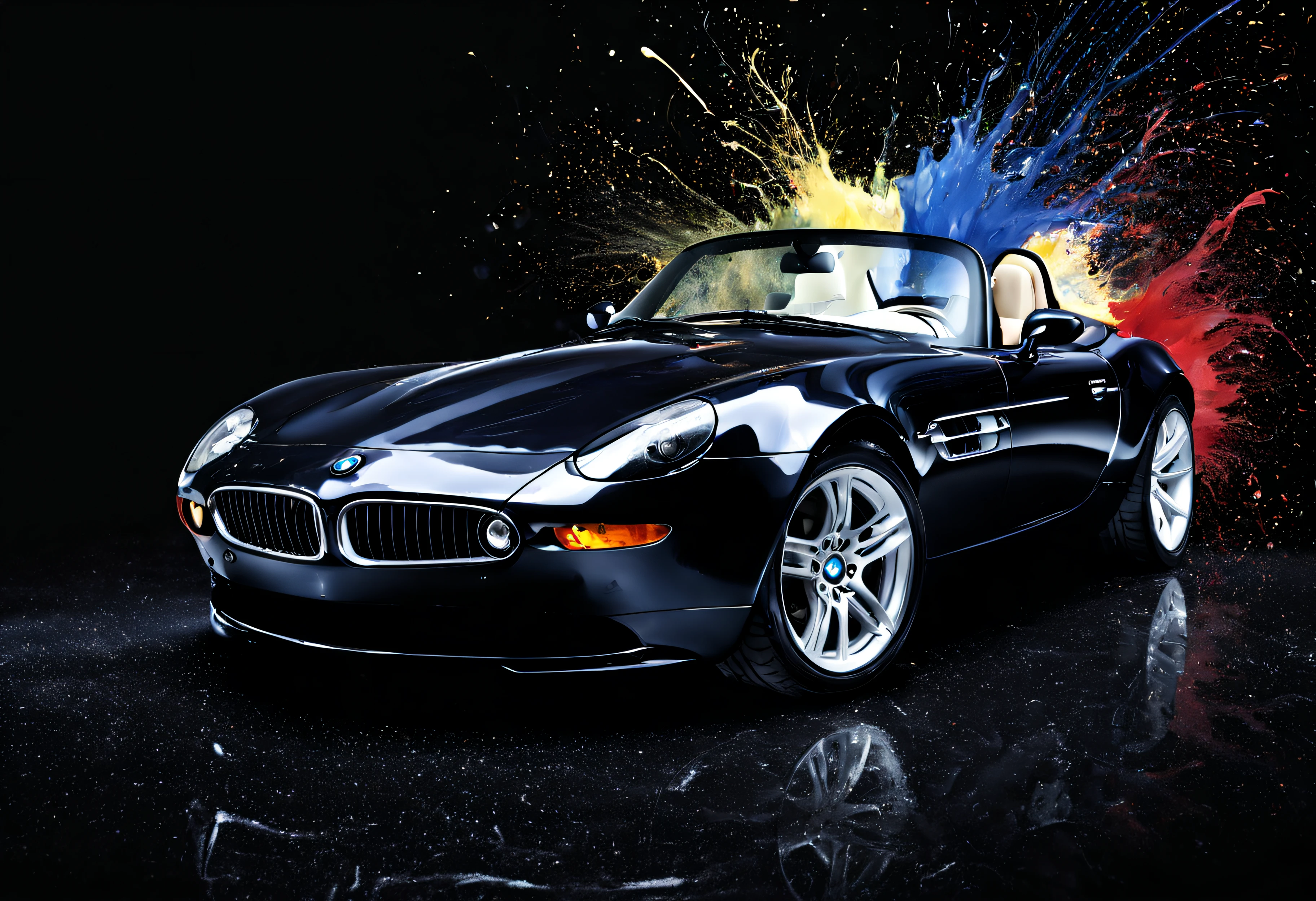 BMW Z8, black background, paint exploding in the background