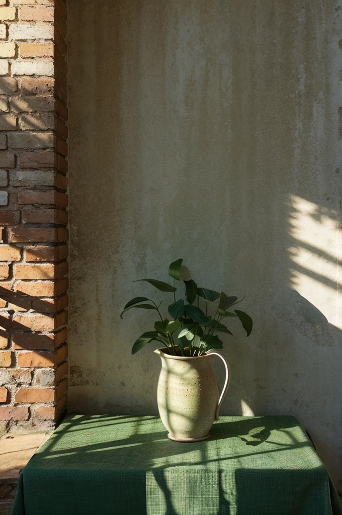 Master art style, high qulity, Background with, tablecloth, Texture material, eye-catching light and shadow, Clear water mold, mottled red bricks, simple green plants,