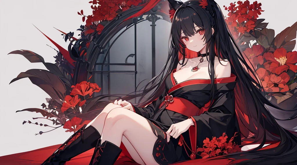 raffed woman in lingerie posing on a bed with a red rose, lingerie, very sexy devil outfit, Red and Black costume!!!, wearing sexy lingerie, laced lingerie, Black and Red, attractive, Fantasy Costume, Black and Red silk clothing, Black and Red only, lingerie!!, silk, Teasing, Red and Black, sexy, sexy :8, tumbler、Surreal Waigi Flowers, Soft Light Misty, Magic Flower, A flower with very long petals, Glowing Flower, Alien Flower, Beautiful images, Shiny delicate flowers, Stunningly beautiful,Higanbana、Amaryllis、a close up of a field of Red flower in a forest, Red flowerが咲く, Light but dark red, A glimpse of red, Red flower, Very red color, Red Forest, bright red, bright red colors, Red flower of different types, bright red and green colours, In the world of red dreams, Red magic surrounds her, Red Iris、 Japanese House, Amazing light reflection, Traditional Japanese colors, Gorgeous composition, Magical colors and atmosphere, Black Hairの、Black Hair、Black Hairの姫カット、Black Hairのロング、hair ornaments、hairpin、Decorate your hair with flowers、Decorate your hair with flowersびら、The most beautiful woman、wonderful、Stylish、Exquisite style、dual、Iris、Seductive eyes、Strand、Strand間