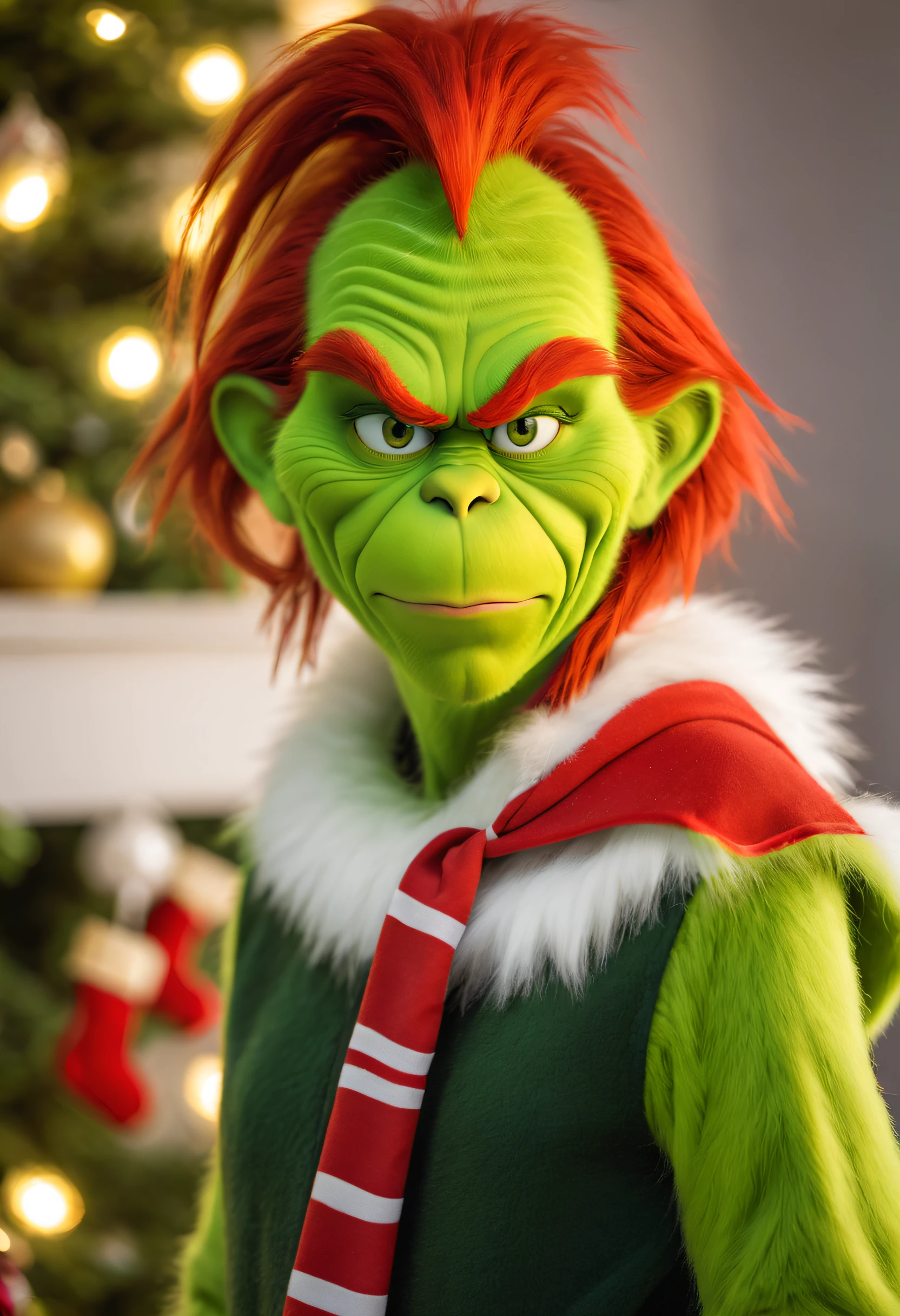 （Best quality at best），detailed back ground，Red-haired Grinch，Martial Arts Grinch，Red Grinch wears Thanos suit，The art of fighting，with sword，Powerful power，Red-haired old monster，Ominous old age