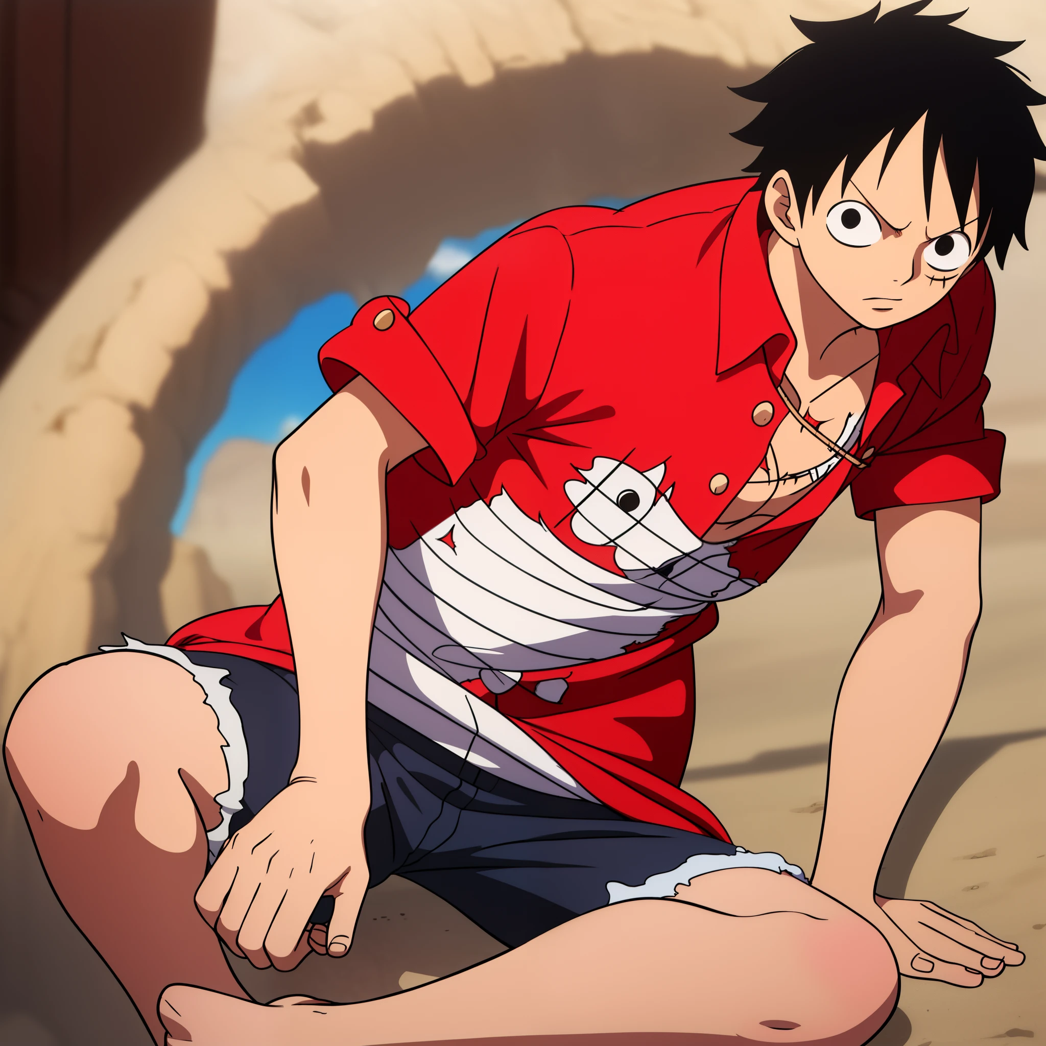 masterpiece, best quality, high quality, 1boy, solo, male focus, looking at viewer, full body, monkey_d_luffy, black hair, black eyes, red shirt, blue short pants, straw hat, scratch Mark under eyes