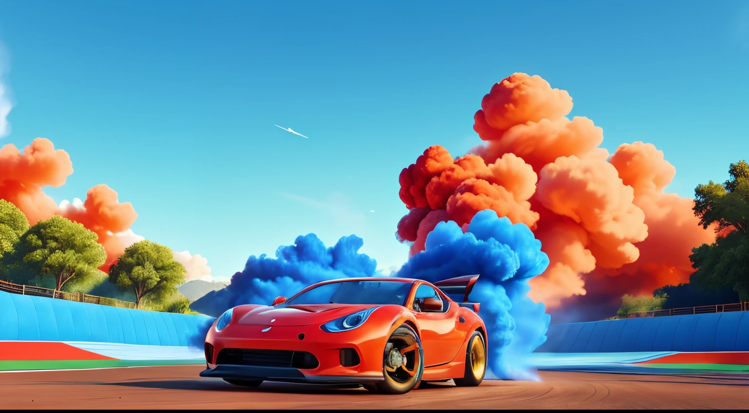 Create a picture with a red car on the blue fun race track and blue sky with a lot of smoke in orange and blue colors