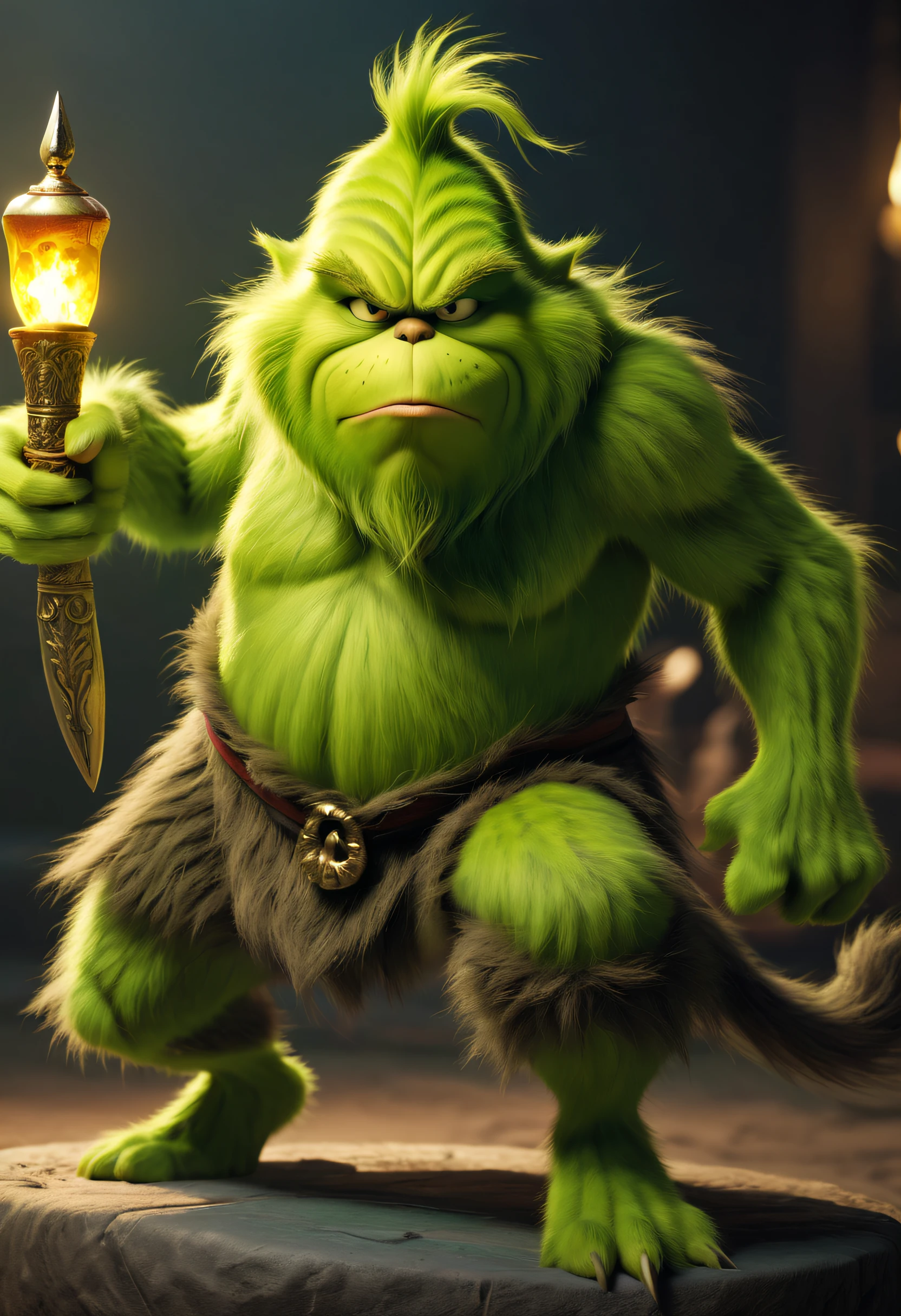 The Grinch is painted green、hairy pubic hair、beer belly、pear shaped、short nose humanoid，Has a cat-like face and a cynical personality,（Best quality），detailed back ground，Martial Arts Grinch，The Grinch，The art of fighting，with sword，Powerful power