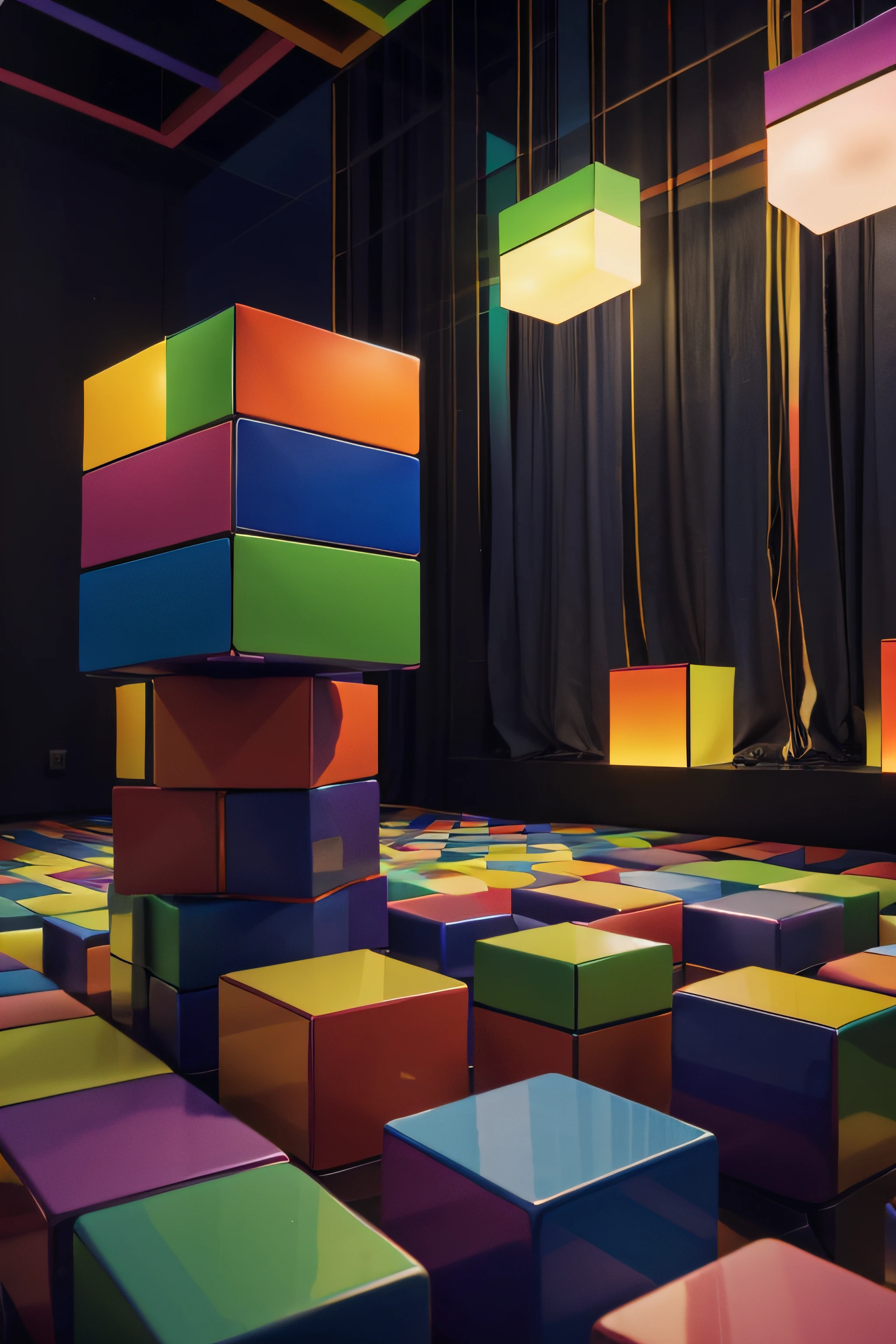 Produce a vibrant digital art piece featuring cubic elements adorned with the colors of the rainbow. Each cube should represent a different hue, seamlessly blending together to create a harmonious and visually striking mosaic. Set this cubic spectacle against a backdrop of additional cubes, forming a multi-dimensional environment that complements and enhances the rainbow palette. Experiment with lighting, shadows, and perspective to bring depth and dynamism to the composition. This digital artwork aims to celebrate the spectrum of colors through the cubic lens, offering a lively and immersive visual experience reminiscent of a vibrant rainbow in a cubist dreamscape.