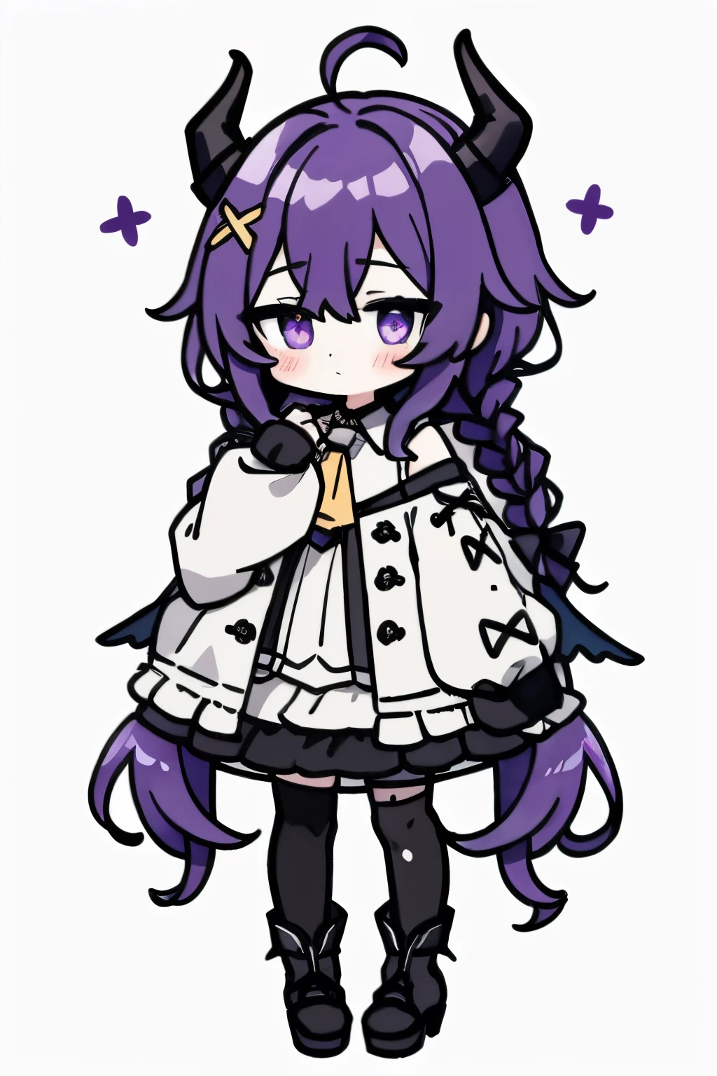 1girl, la+ darknesss, virtual youtuber, horns, long hair, very long hair, multicolored hair, solo, sleeves past wrists, sleeves past fingers, streaked hair, purple hair, yellow eyes, on head, blush, grey hair, white background, striped horns, bird on head, full body, looking at viewer, demon horns, animal on head, braid, simple background, bird, standing, long sleeves, boots, single thighhigh, yellow ascot, ankle cuffs, thighhighs, bangs, tail, closed mouth, collar, metal collar, ascot, purple thighhighs, hair between eyes, black footwear, dress, black dress, ahoge, single leg pantyhose