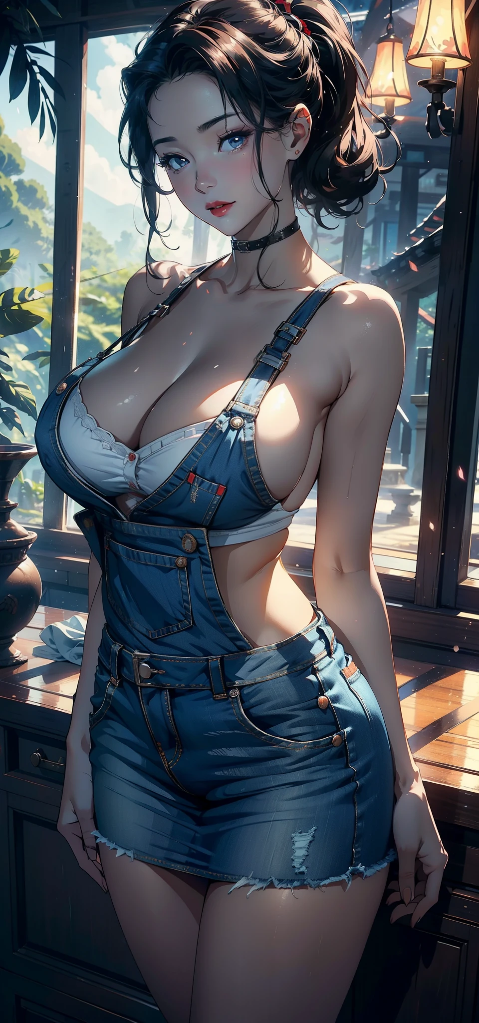 1female，45 yers old，A MILF，熟妇，mature，Married woman is a little fat，The chest is large，Huge cleavage， A sagging breast，独奏，（Background with：the rainforest） ，high ponytails，Short hair details，seen from the front， The sky is mostly cloudy，（（（tmasterpiece），（Very detailed CG unified 8k wallpaper），Best quality at best，电影灯光，detailed back ground，beautidful eyes，Bright pupils，黑The eye，Snow-whiteskin，Redlip（very delicate beautiful），（Beautiful and detailed eye descriptions），ultra - detailed，tmasterpiece，））facing at the camera，A high resolution，ultra - detailed），The chest is large，A sagging breast，revealing breasts，Bare genitals，  convex，legs are open，Raised sexy，Camel toes，face flushed，，（dressed in：denim short，aprons）