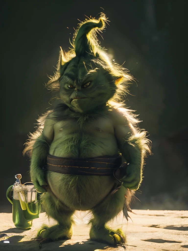 The Grinch is painted green、hairy pubic hair、beer belly、pear shaped、short nose humanoid，Has a cat-like face and a cynical personality,（Best quality at best），detailed back ground，Eastern Grinch，The Grinch，The art of fighting，with sword，Powerful power