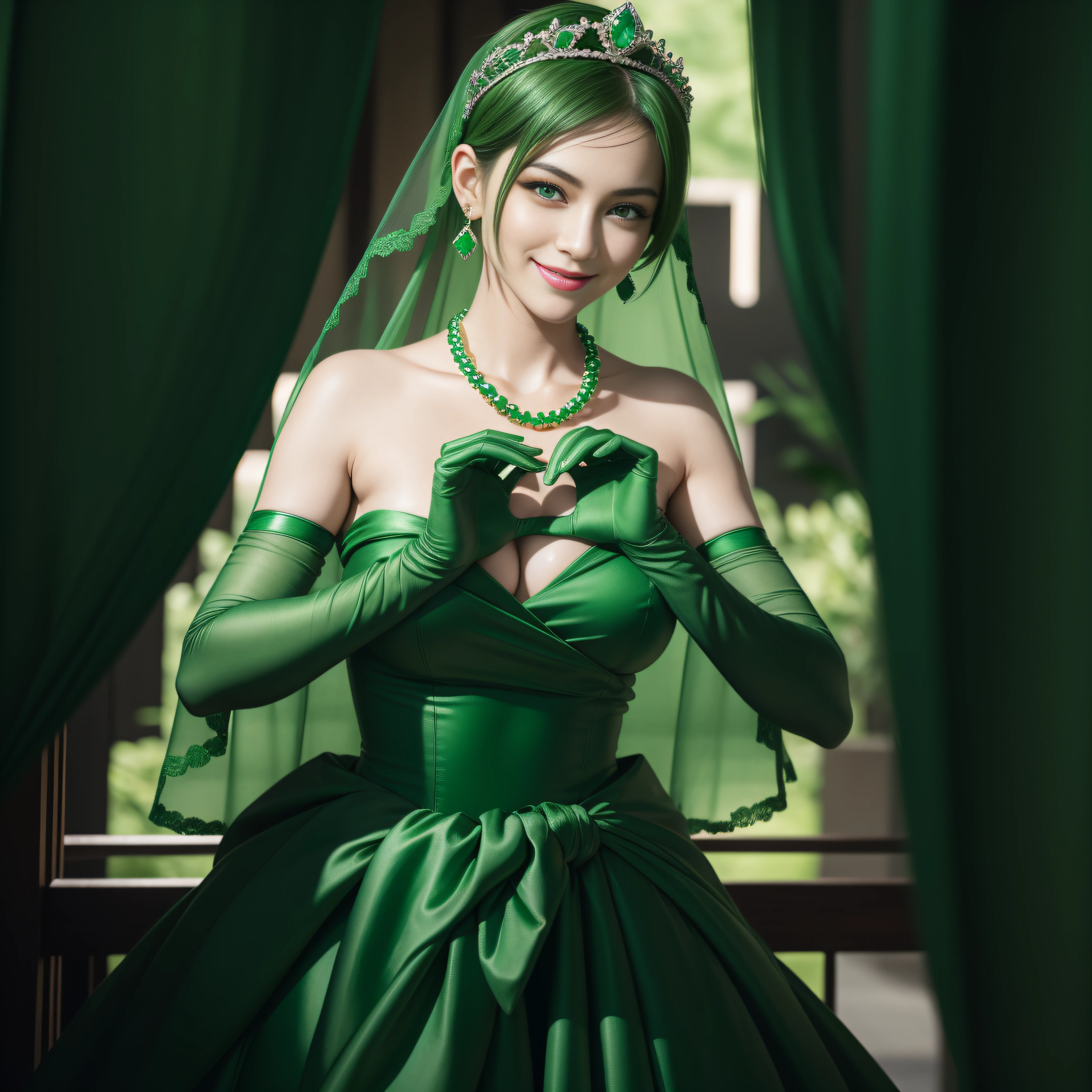 emerald tiara, Green Pearl Necklace, Boyish very short green hair, lipsticks, Japan woman smiling, very short short hair,  big breasts beautiful, Green eyes, Long green gloves made of satin material, Green eyes, Emerald Earrings, green vale, Heart with both hands