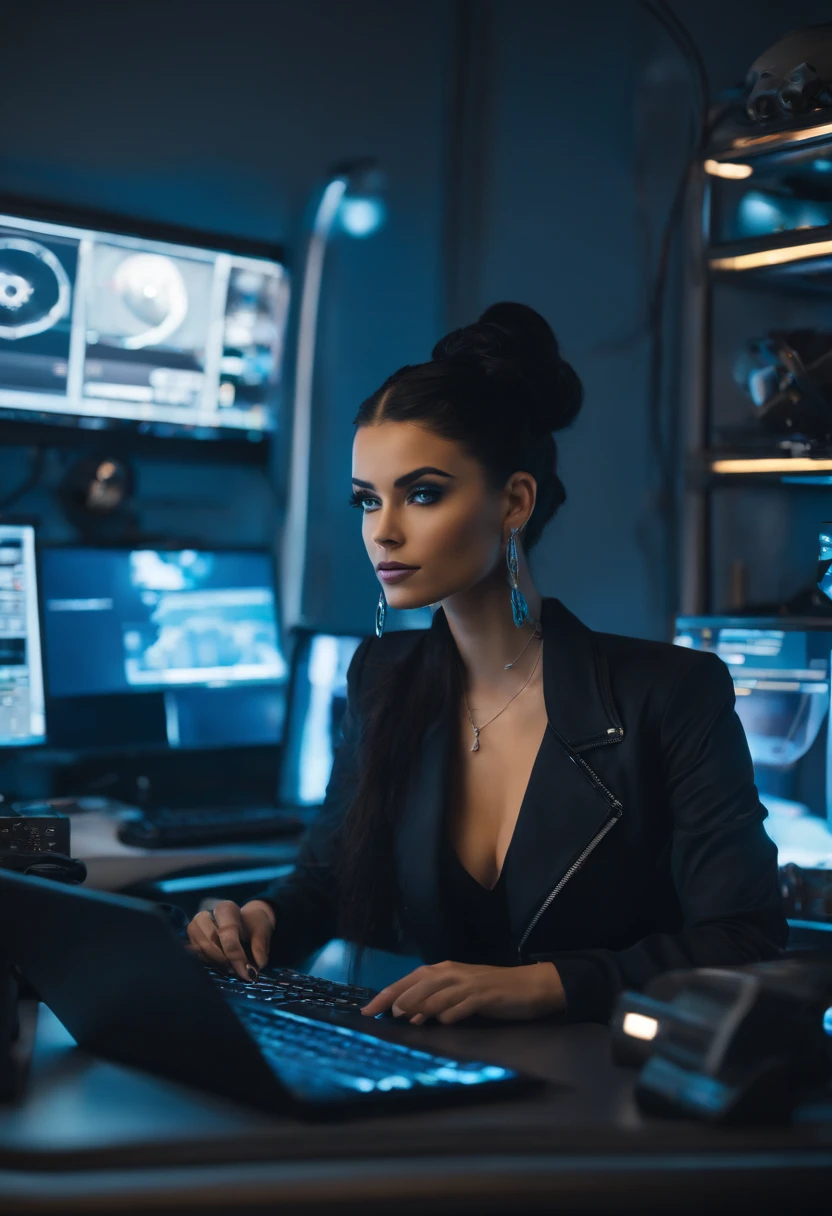 A photo of Madison sitting at a desk surrounded by monitors and futuristic gadgets.,original,Madison Kane is a tall woman with jet black hair in a ponytail, and piercing blue eyes. Her skin is a fairer tone, and flawless.