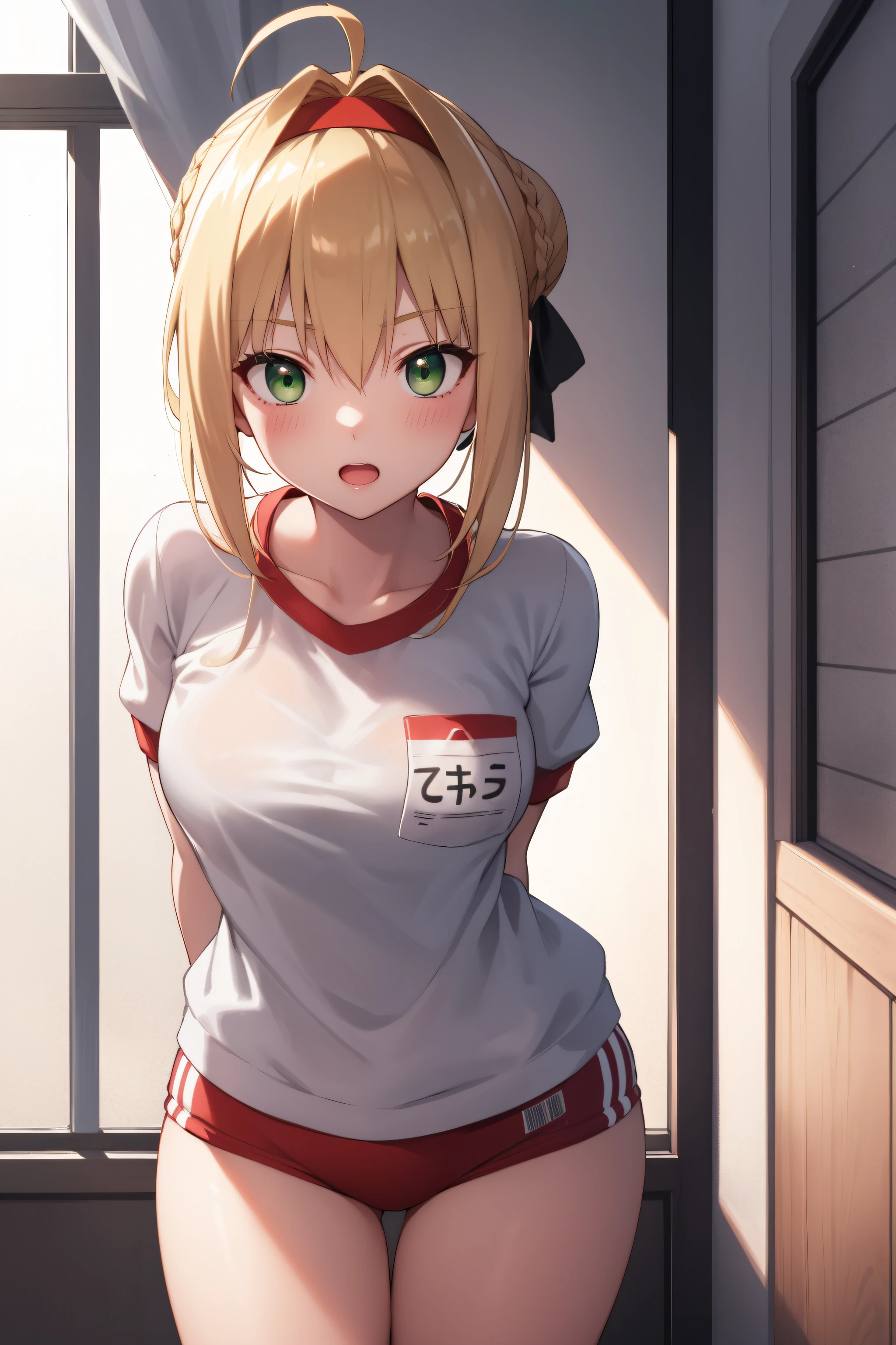 1girl,fgonero, nero, ahoge, blonde hair, (green eyes:1.5), hair between eyes, hair intakes, 
BREAK braid, buruma, french braid, gym shirt, gym uniform, hair bun, headband, official alternate costume, red buruma, red headband, single hair bun,
BREAK looking at viewer, standing, leaning forward, arms behind back,
BREAK indoors, classroom,
BREAK (masterpiece:1.2), best quality, high resolution, unity 8k wallpaper, (illustration:0.8), (beautiful detailed eyes:1.6), extremely detailed face, perfect lighting, extremely detailed CG, (perfect hands, perfect anatomy),