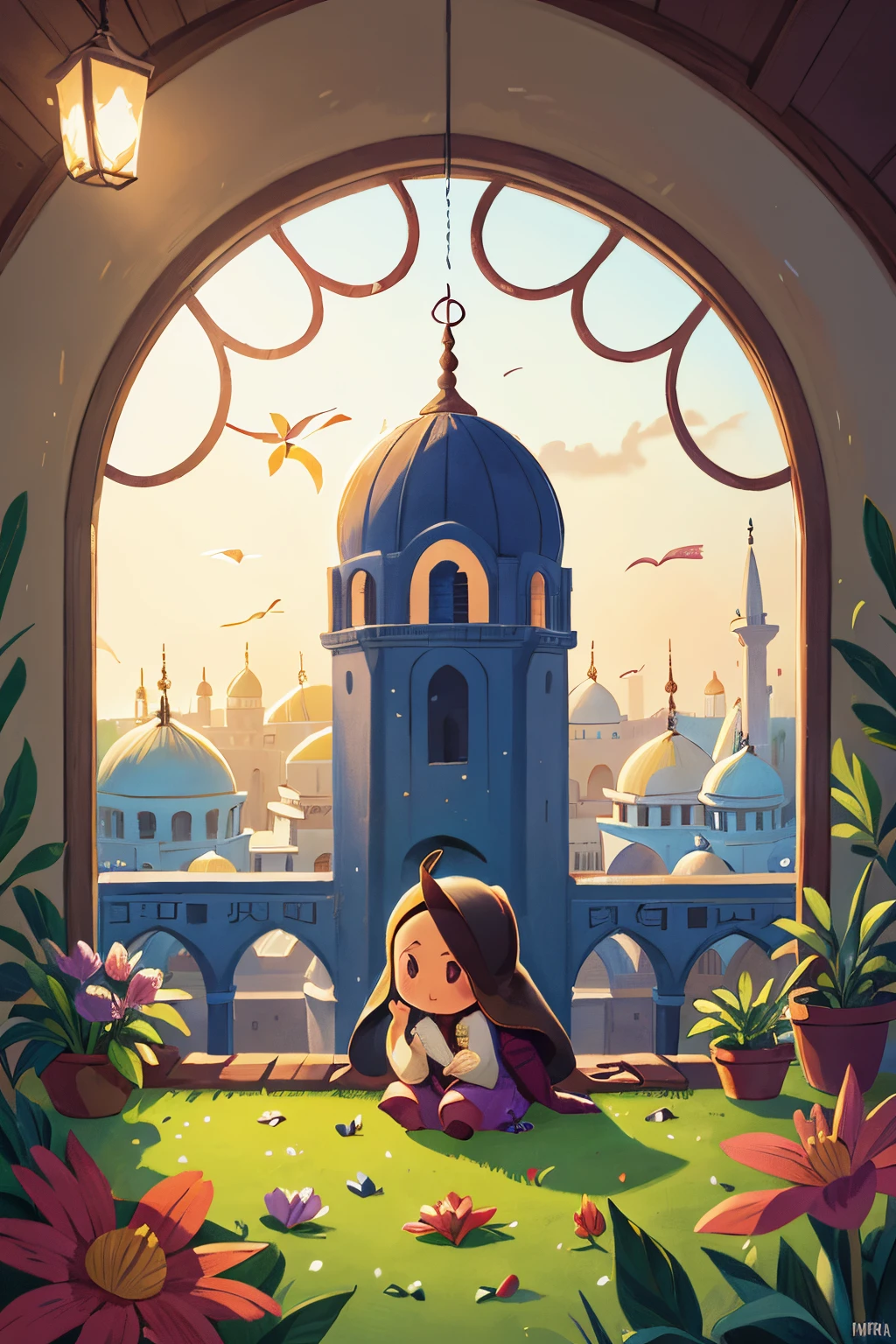illustration of flower, near the window, mosque outside the window