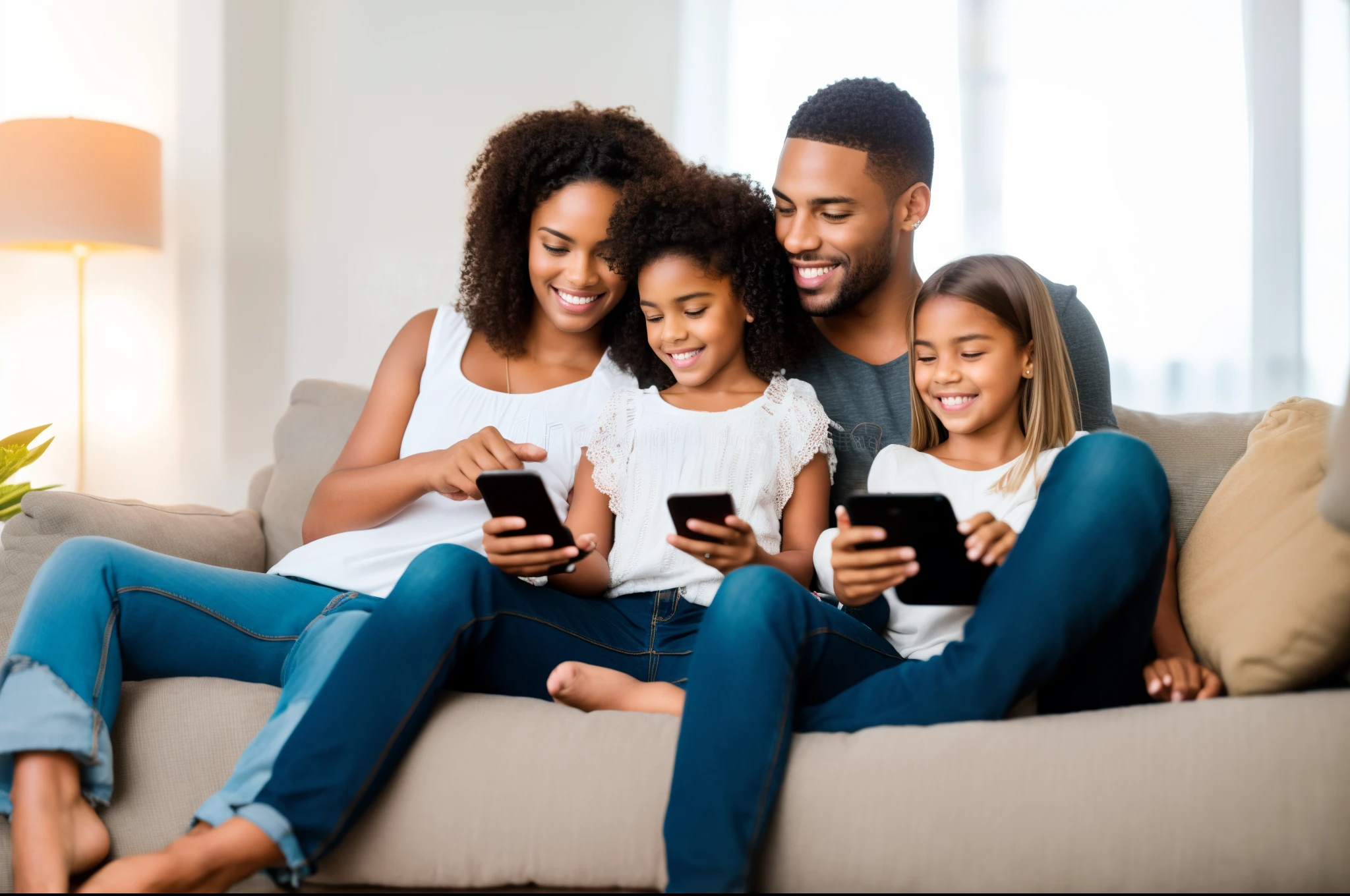 Araffe family sitting on a sofa looking at a cell phone, Happy family, pais assistindo, Perfect Android girl family, Shutterstock, families playing, em uma sala de estar, marido esposa e filho, Imagem de Stock, sitting on couch, alta qualidade de imagem, Foto de Stock, mourning family, the next generation, sitting on the couch, Familiar, sitting on a couch