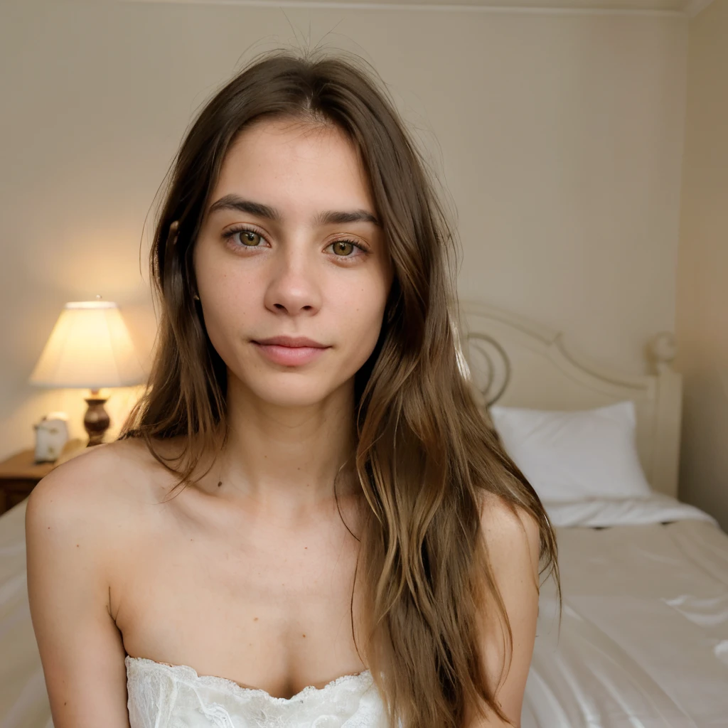 (high quality,realistic,professional. mujer con el pelo largo, aspecto caucasico, luz calida, Cara delicada y encantadora con lenceria sentada en una cama)