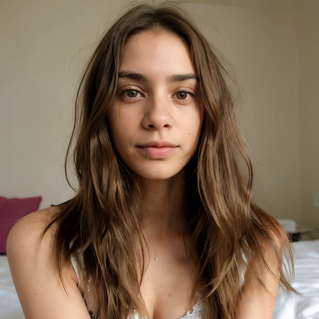 (high quality,realistic,professional. mujer con el pelo largo, aspecto caucasico, luz calida, Cara delicada y encantadora con lenceria sentada en una cama)