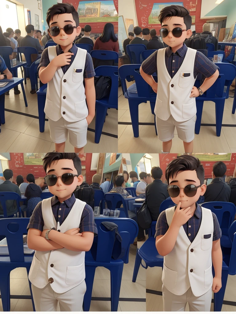 cute boy wearing round sunglasses, slightly fat body, short black hair (best quality, high detailed, 4k)