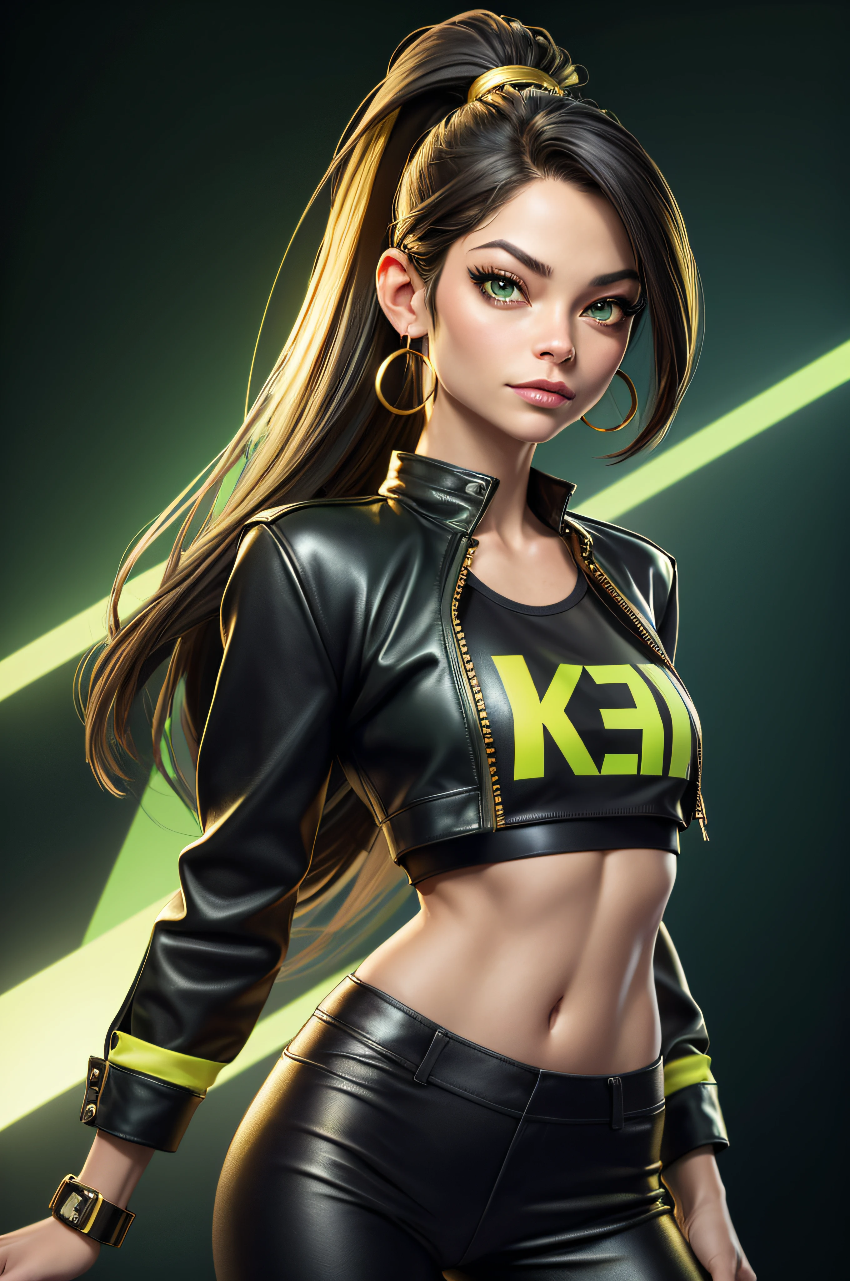 Kristin Kreuk with ponytail and green eyes and golden hoops earings wearing a black leather pants and a green crop top with a double K logo written on the shirt and a yellow leather jacket on top of it. looking at the spectator in Tahiti environment. Very detailed. cinematic lighting. angle dynamique. Chef d'oeuvre. golden ratio.