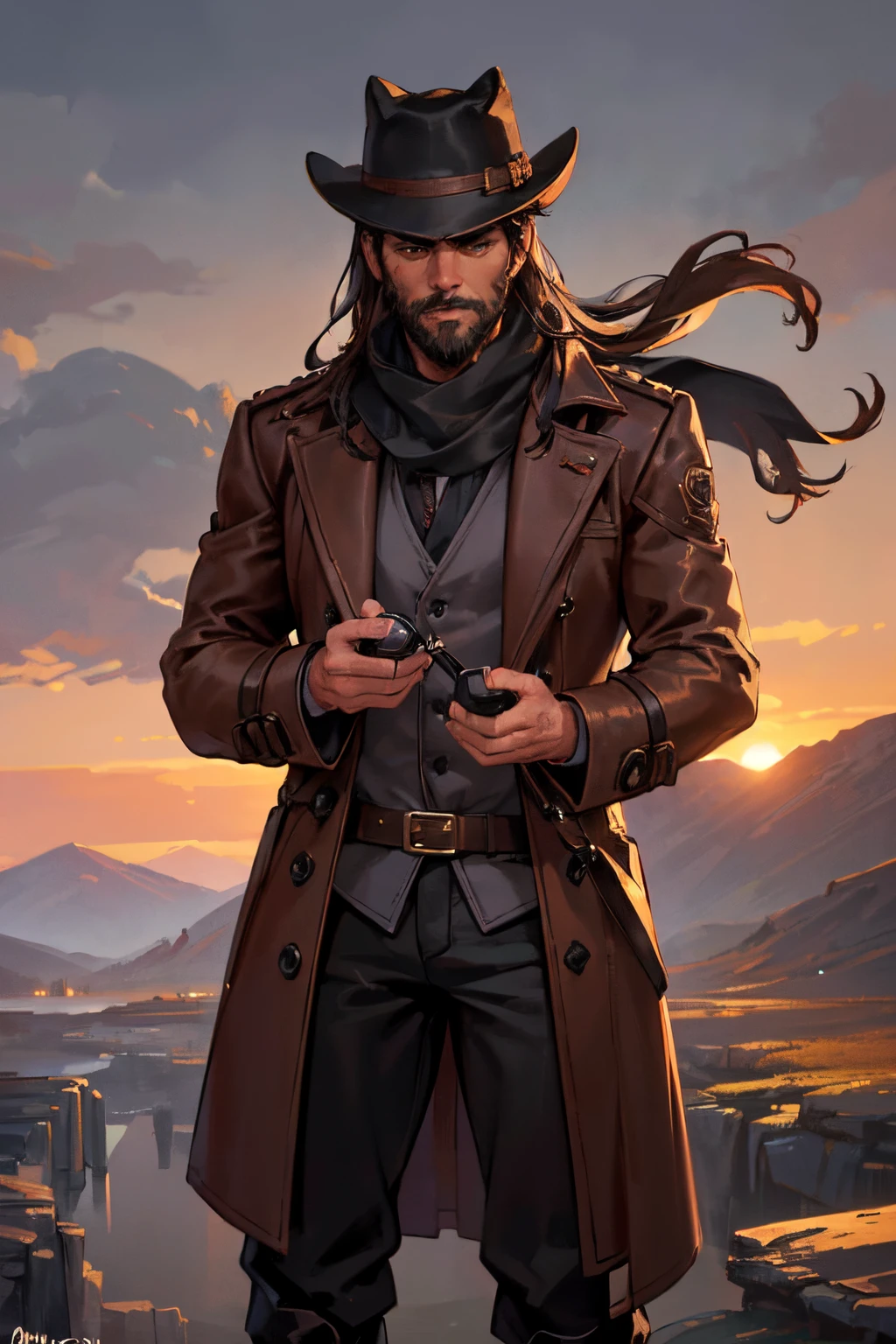 (best quality,4k,8k,highres,masterpiece:1.2),ultra-detailed,(realistic,photorealistic,photo-realistic:1.37),brown hair,manly,beard,detailed eyes,detailed lips,eyebrows,sharp nose,muscular,chestnut brown hair,deep red velvet scarf,cowboy hat,dark sunglasses,brown duster trenchcoat,tattoos,black tattoos reminiscent of Sukuna Ryömen,masculine features,captivating gaze,strong jawline,confident presence,proud posture,thick stubble,muscle definition,fine details on facial hair,lively brown eyes,leather boots,weathered hands,graceful movement,natural elegance,background of a dusty Western town,warm sunset hues,vibrant color palette,adorned with silver jewelry,charming smile,understated yet stylish attire,impressive physique,expressive physique,enigmatic aura,wisps of wind lifting the scarf,creating a sense of drama and motion,striking contrast between dark beard and fair skin,bold and fearless demeanor,rugged yet refined appearance,sooty eyeshadow accentuating the intensity of the gaze,mesmerizing presence,brooding expression.