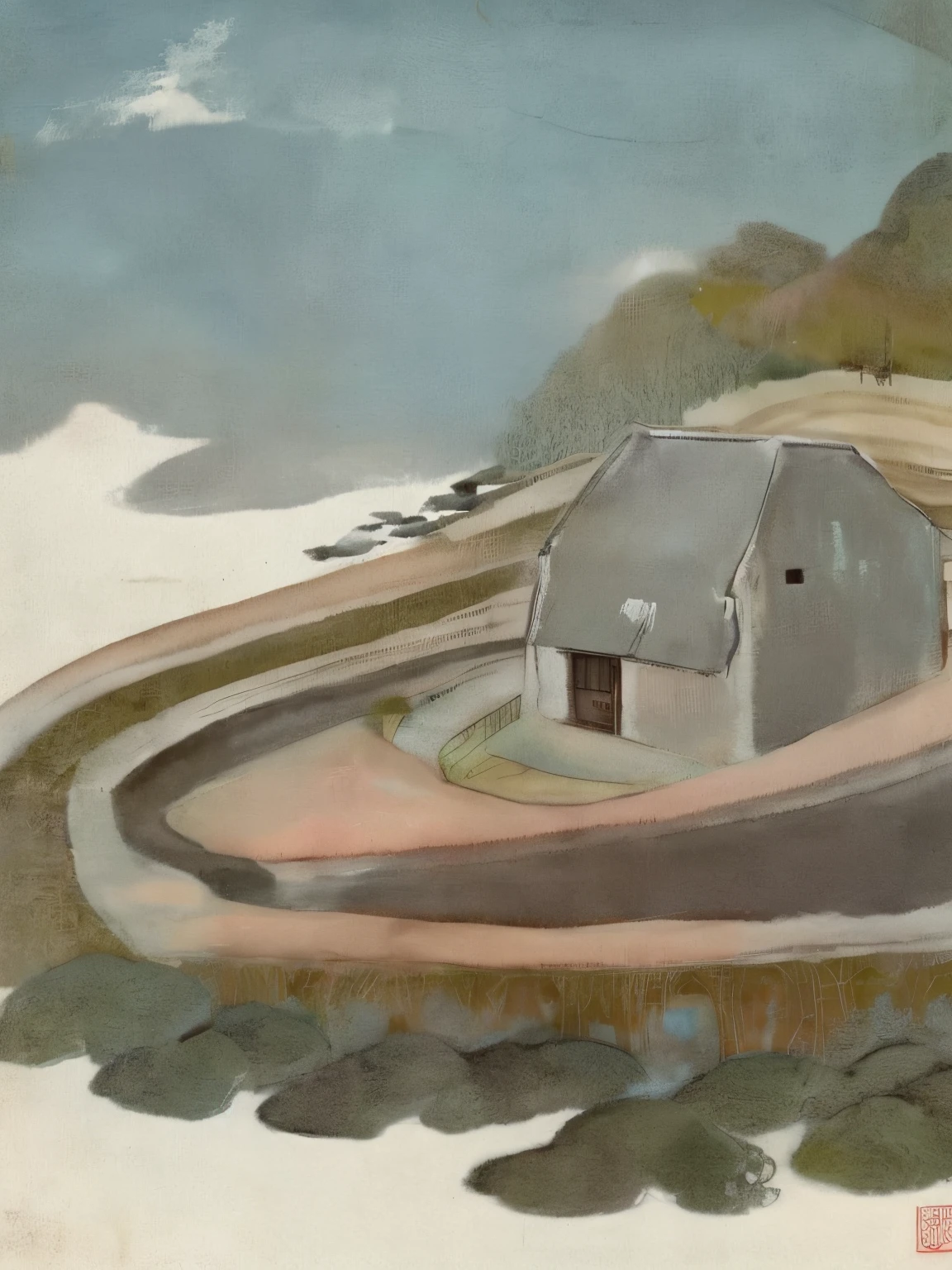 There is a shape of a house in the water