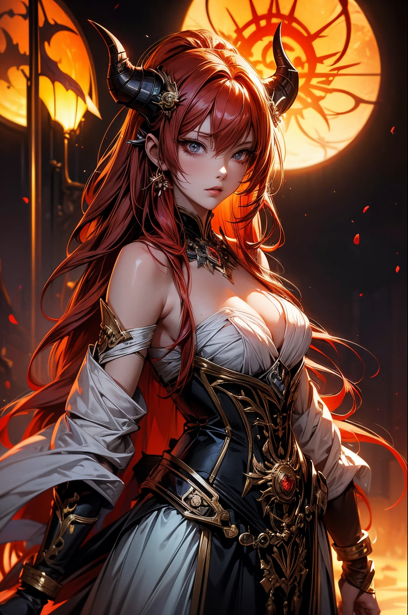 (masterpiece,) (HDR:1.4)attractive anime young woman,long red hair, queen of demons, demon queen, typical isekai demon queen antagonist, cute,full body composition,clean lines, sharp focus, style of artgerm, akihiko yoshida, makoto shinkai, unreal engine 5,octane render exquisite details, fine eyelashes, shiny eyes, visual complementary color, light,translucent, psychedelic, hidden color, clean color, natural, translucent, exposure,