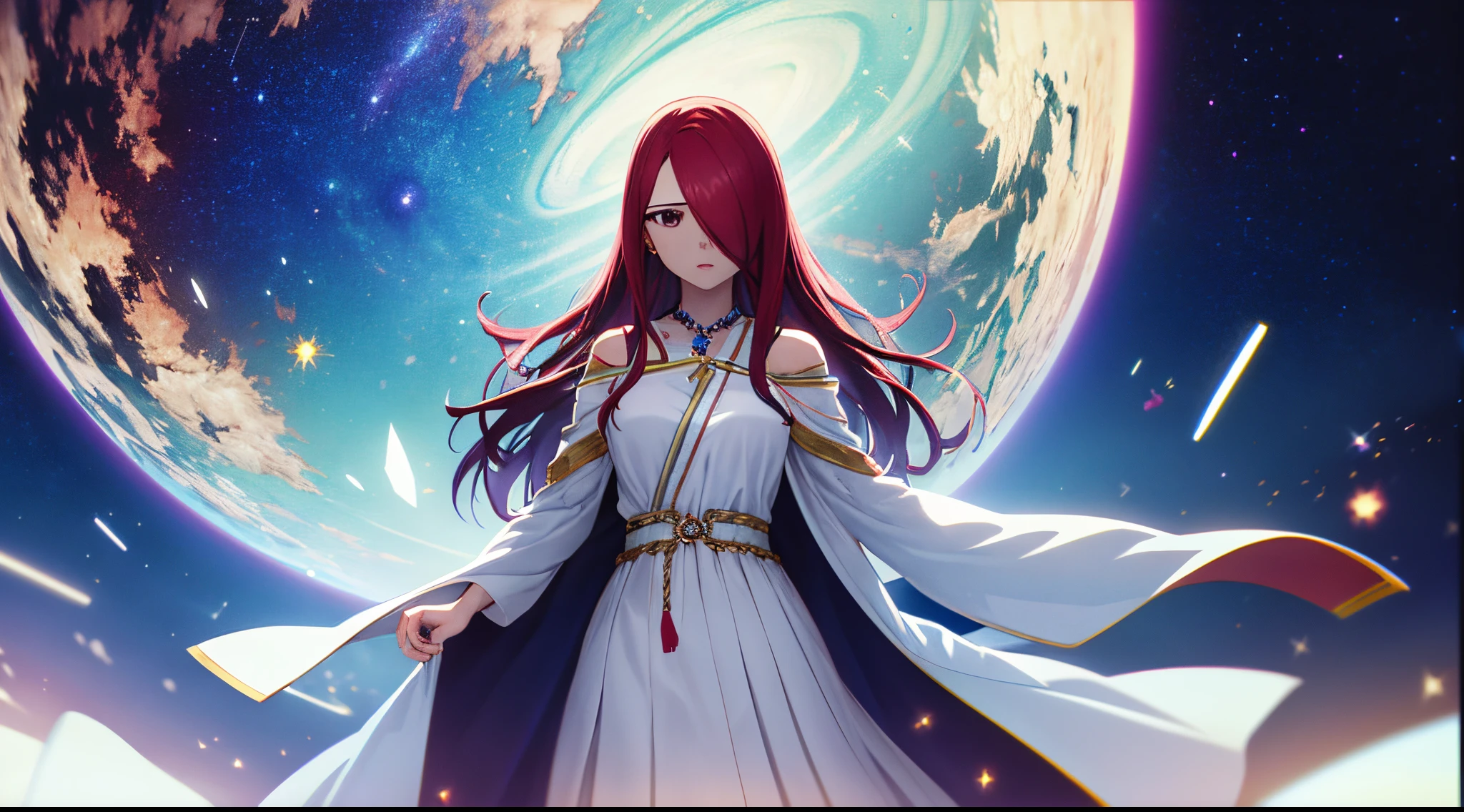 erza, 1girl, solo, long_hair, medium breasts,brown_eyes,red_hair,hair over one eye, standing, looking at viewer,ethereal white robe, praying beads on neck, long skirt,outer space galaxy and nebulae,anime style,deep depth of field,wide angle view,Lumen Reflections,Screen Space Reflections,Diffraction Grading,Chromatic Aberration,GB Displacement,Scan Lines,Ray Traced,Anti-Aliasing,FXAA,TXAA,RTX,SSAO,Shaders,OpenGL-Shaders,GLSL-Shaders,Post Processing,Post-Production,cell Shading,Tone Mapping,CGI,VFX,SFX,insanely detailed and intricate, 4K