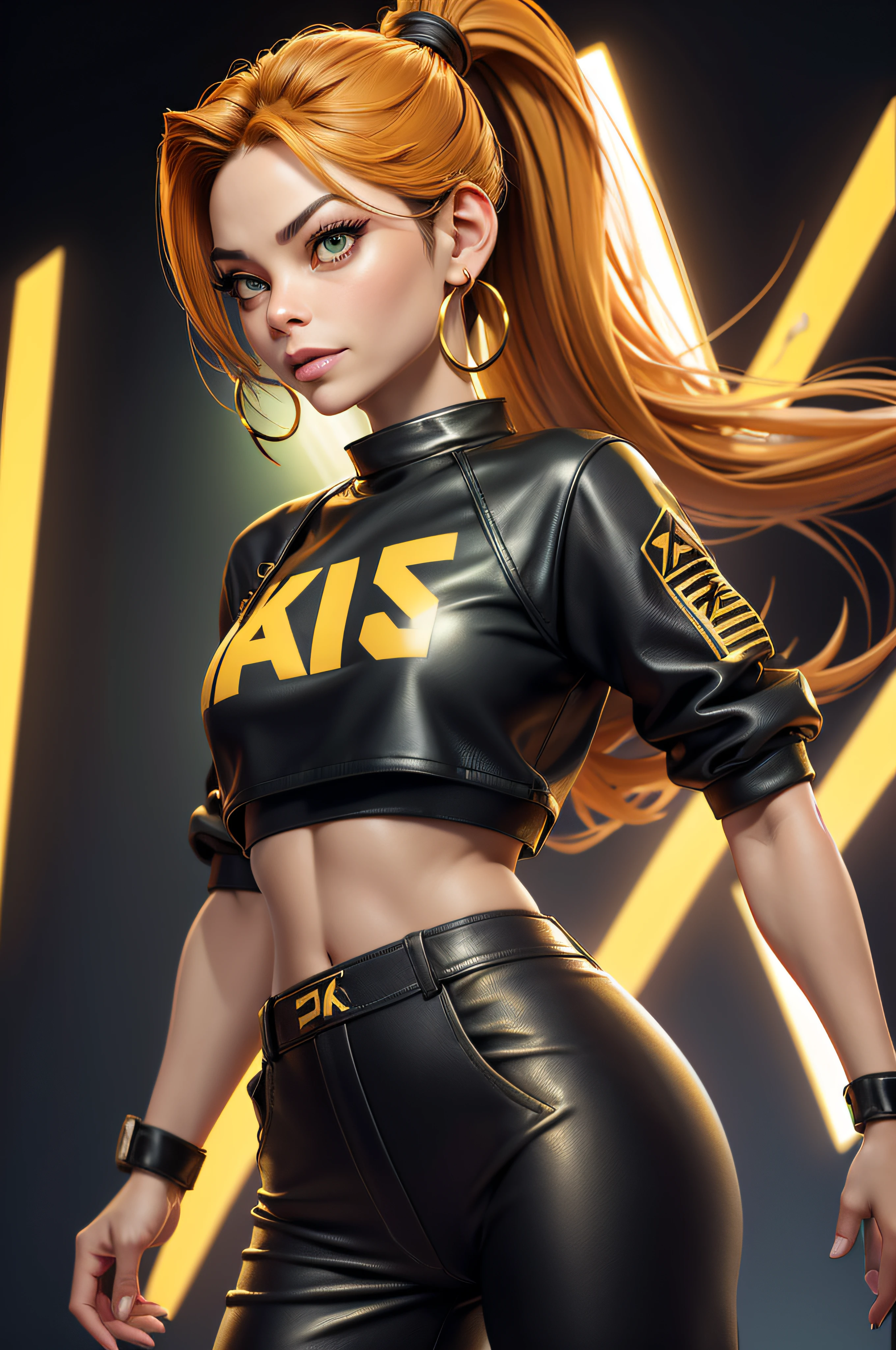 Kristin Kreuk with ponytail and green eyes and golden hoops earings wearing a black leather pants and an orange crop top with a double K logo written on the shirt and a yellow leather jacket on top of it. looking at the spectator in Tahiti environment. Very detailed. cinematic lighting. angle dynamique. Chef d'oeuvre. golden ratio.