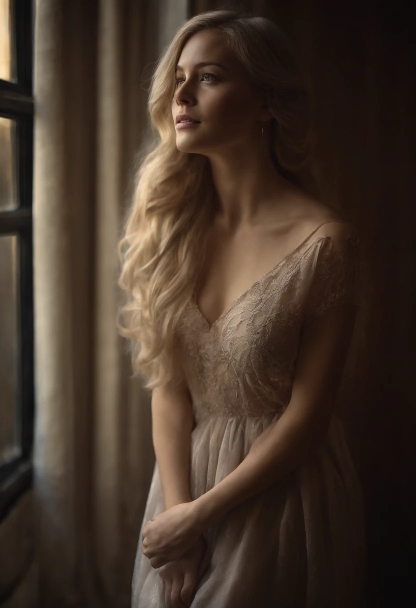 blonde hair, long hair, longeyelashes, light smile, fang, perfect body, small hips, beautiful boobs, young woman, blonde hair, straight hair, makeup, parted lips, seductive smile, atmospheric perspective, modern, Realism, cinematic lighting, 8k, super detail, ccurate, best quality, UHD, masterpiece, anatomically correct, HD, high details, short dress, in front of a window