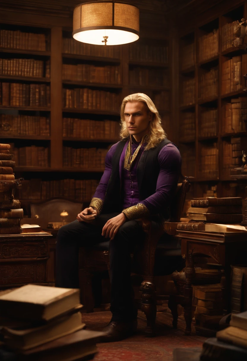 Aemond is seen sitting in his study, surrounded by shelves of ancient books and artifacts.,original,He is tall and fit. He has muscles but is thin. He is in his late twenties. He has long blonde hair and a violet eye. His other eye is prosthetic. He often wears black casual clothes. He is a man.