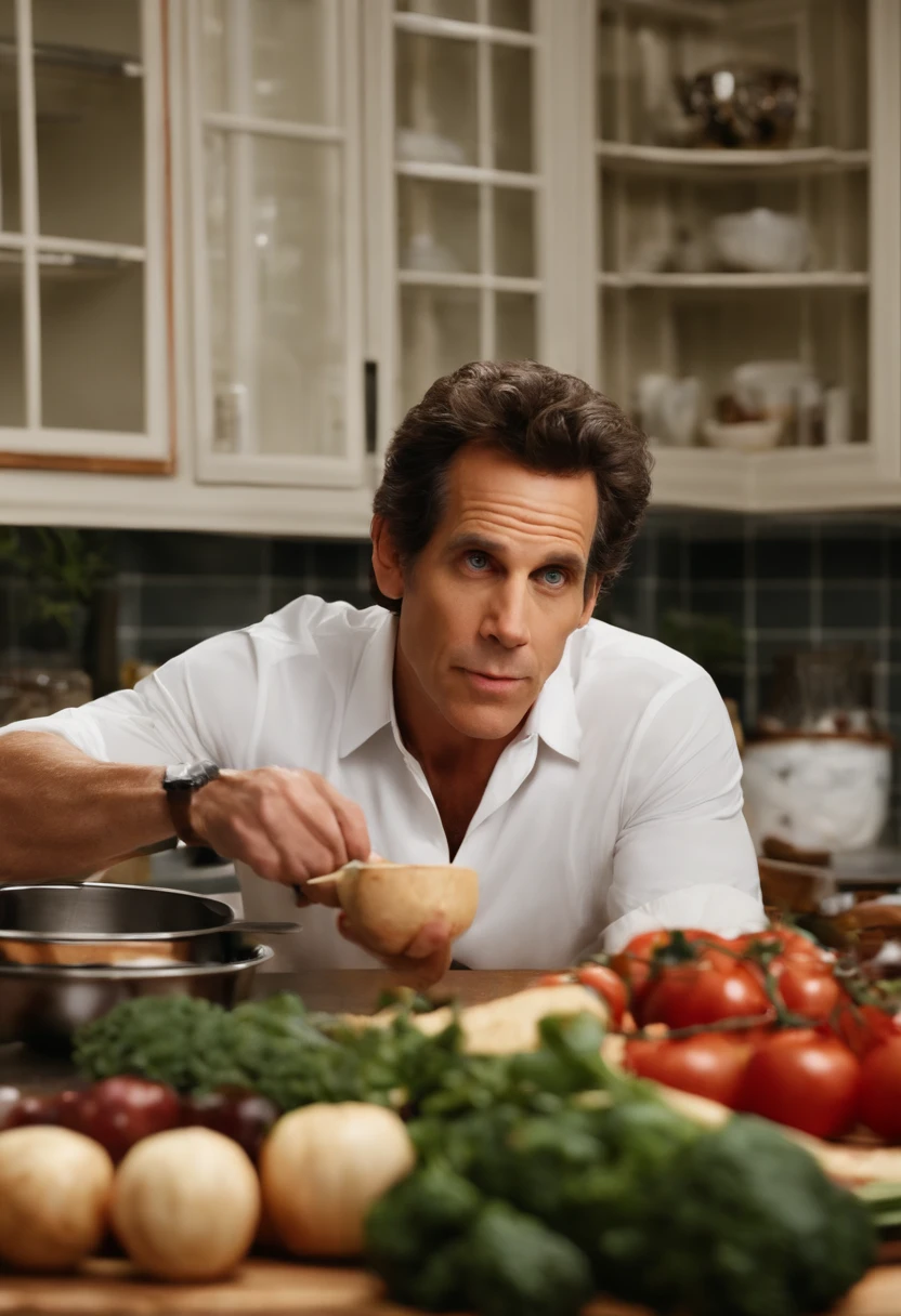 A close-up photo of Greg attempting to cook a gourmet meal for his future in-laws,Meet the Parents film series,Greg Focker, the fictional character portrayed by Ben Stiller in the “Meet the Parents” film series, presents as an everyman with a relatable and approachable demeanor. He has an average build and height, with a generally unassuming appearance, often dressed casually in a way that underscores his down-to-earth and slightly awkward personality. His expressive facial features often convey his frequent discomfort and the comedic anxiety he experiences in various situations throughout the series.
