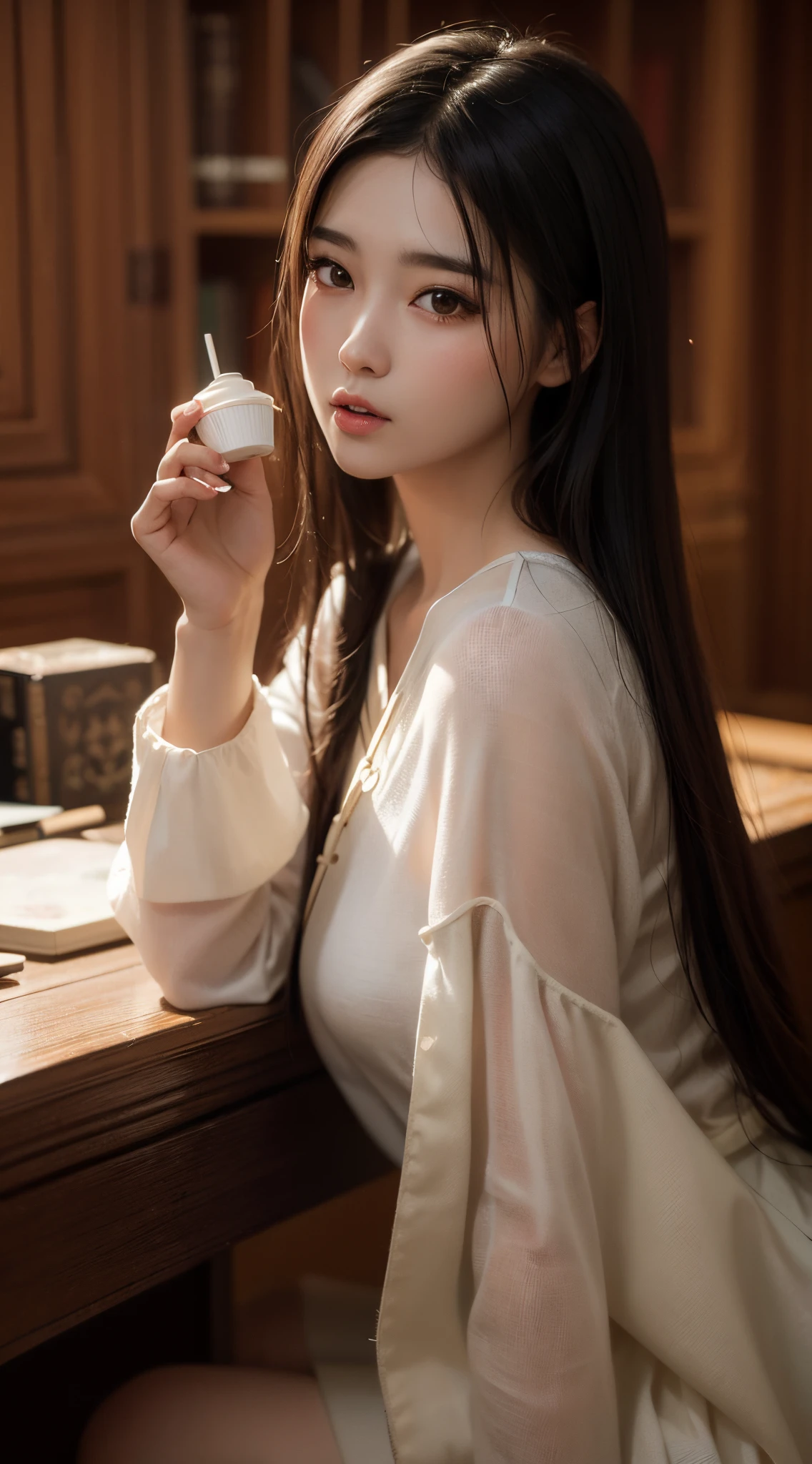 Araf woman sitting at table drinking cup of coffee, pale milky white porcelain skin, Asian girl with long hair, gorgeous young korean woman, beautiful young korean woman, Popular topics on cgstation, white hanfu, Cui Xianhua, beautiful Korean women, ulzzangs, author:Zhang Han, Korean girls, mysterious cafe girl, Milky skin