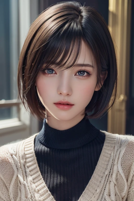 (masterpiece:1.3), (8k, photorealistic, RAW photo, best quality: 1.4), (1girl), beautiful face, (realistic face), (black hair, short hair:1.3), beautiful hairstyle, realistic eyes, beautiful detailed eyes, (realistic skin), beautiful skin, (sweater), absurdres, attractive, ultra high res, ultra realistic, highly detailed, golden ratio