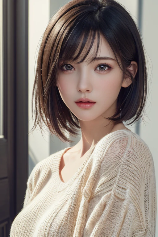 (masterpiece:1.3), (8k, photorealistic, RAW photo, best quality: 1.4), (1girl), beautiful face, (realistic face), (black hair, short hair:1.3), beautiful hairstyle, realistic eyes, beautiful detailed eyes, (realistic skin), beautiful skin, (sweater), absurdres, attractive, ultra high res, ultra realistic, highly detailed, golden ratio