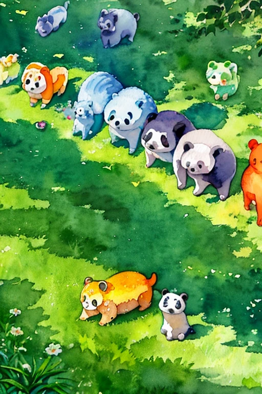 ((watercolor)), kawaii animals, orange dog, panda, crocodile, yellow cat, gray koala, sad faces, all gathered in a row, green grass