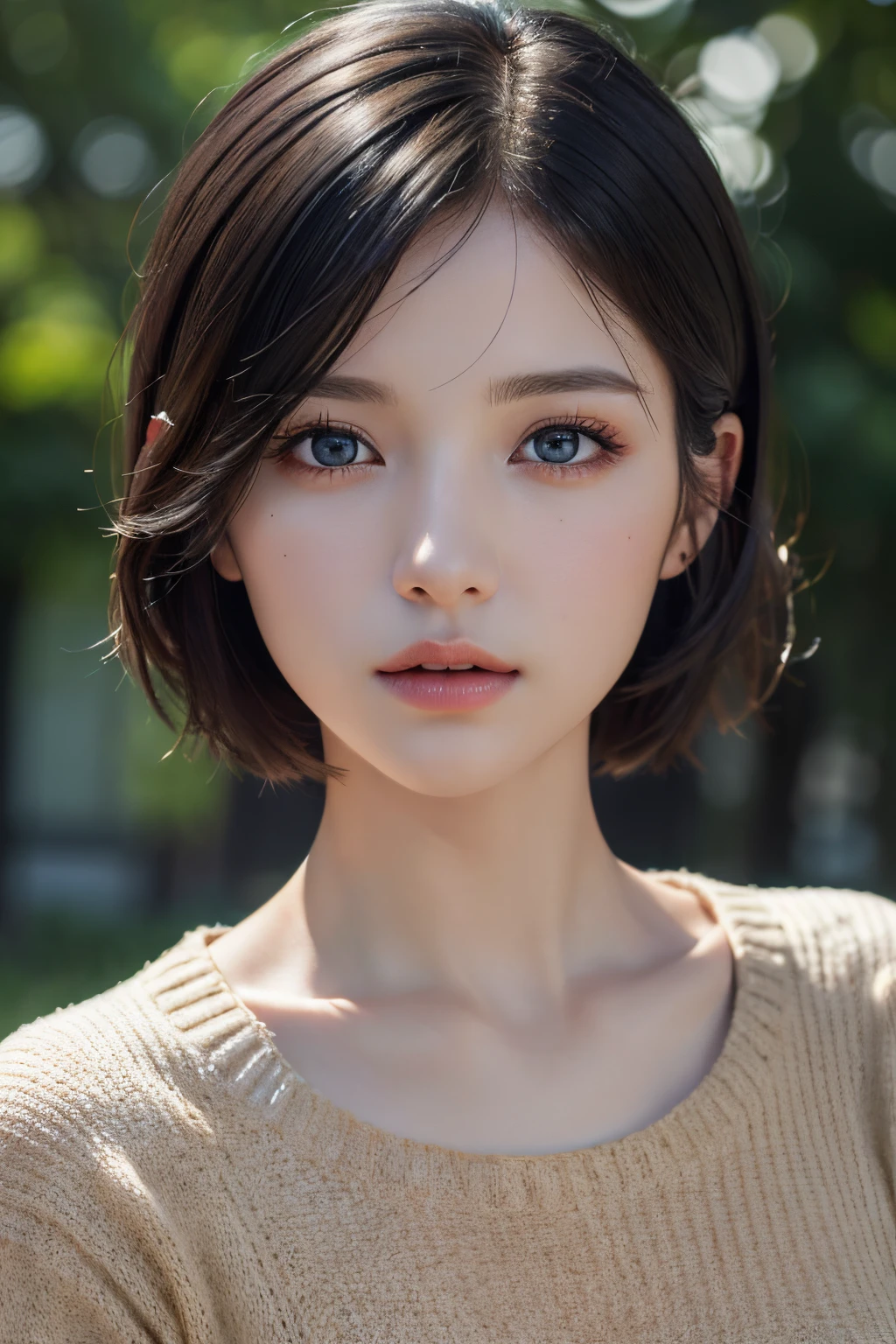(masterpiece:1.3), (8k, photorealistic, RAW photo, best quality: 1.4), (1girl), beautiful face, (realistic face), (black hair, short hair:1.3), beautiful hairstyle, realistic eyes, beautiful detailed eyes, (realistic skin), beautiful skin, (sweater), absurdres, attractive, ultra high res, ultra realistic, highly detailed, golden ratio