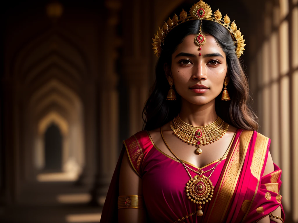young Indian girl, 30-year-old, gentle sun lighting on face , village mood , wearing silk cloth, village girl vibe, intricate facial details, full body picture, wears crown, necklace and jewels and ornaments, cinimatic pose flawless complexion, top-notch 3D rendering, hyper-realistic, shot inside palace. photorealistic digital art trending on Artstation 8k HD high definition detailed realistic, detailed, skin texture, hyper detailed, realistic skin texture, armature, best quality, ultra high res, (photorealistic:1.4),, high resolution, detailed, raw photo, 400 camera f1.6 lens rich colors hyper realistic lifelike texture dramatic lighting unrealengine trending on artstation cinestill 800