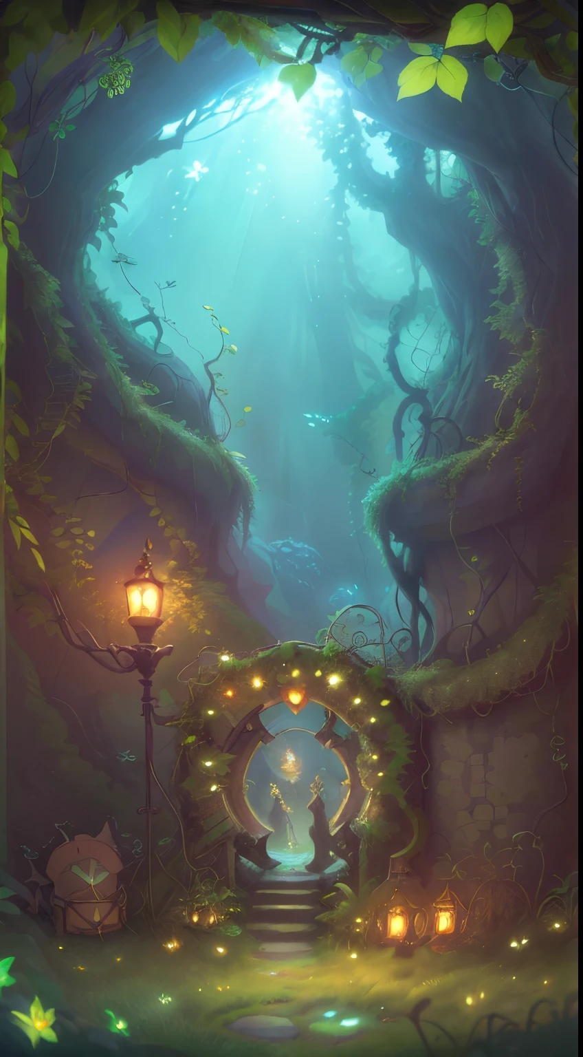 (Digitales Kunstwerk:1.3) von (Skizzierten:1.1) octane rendering of a mysterious dense forest with a large (magisch:1.2) Pforte (Portal:1.3) To the Eternal Kingdom, Der Torrahmen ist in runder Form gestaltet, surrounded by delicate leaves and twigs, with fireflies and glowing particle effects, (Frame design for the user interface), (natural elements), (Dschungel-Thema), (Quadrat), (leaves) , (Zweige), (Firefly), schmetterlinge, (delicate leaves), (glow), (Partikeleffekte, Leichte Gravur in filigranen Details, (Lichtteilchen:1.2), (Spielkonzept:1.3), (Depth of field:1.3), Globale Beleuchtung,Highly detailed,Auf ArtStation im Trend