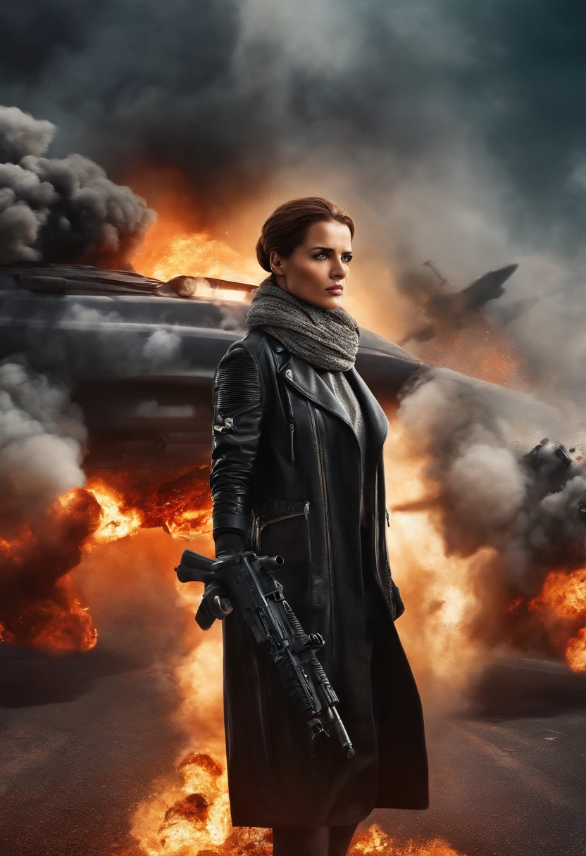Terminator movie poster woman in hijab, explosions, guns, cars, planes, dramatic effect, hyper-realistic, 8k,