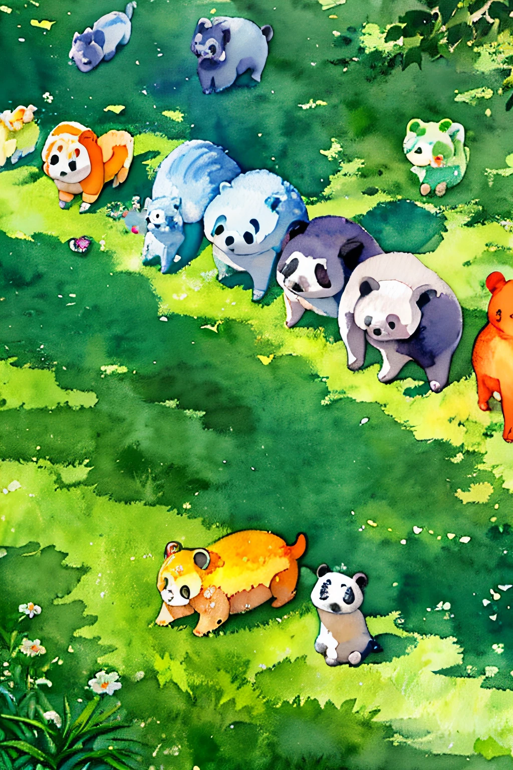 ((watercolor)), kawaii animals, orange dog, panda, crocodile, yellow cat, gray koala, sad faces, all gathered in a row, green grass