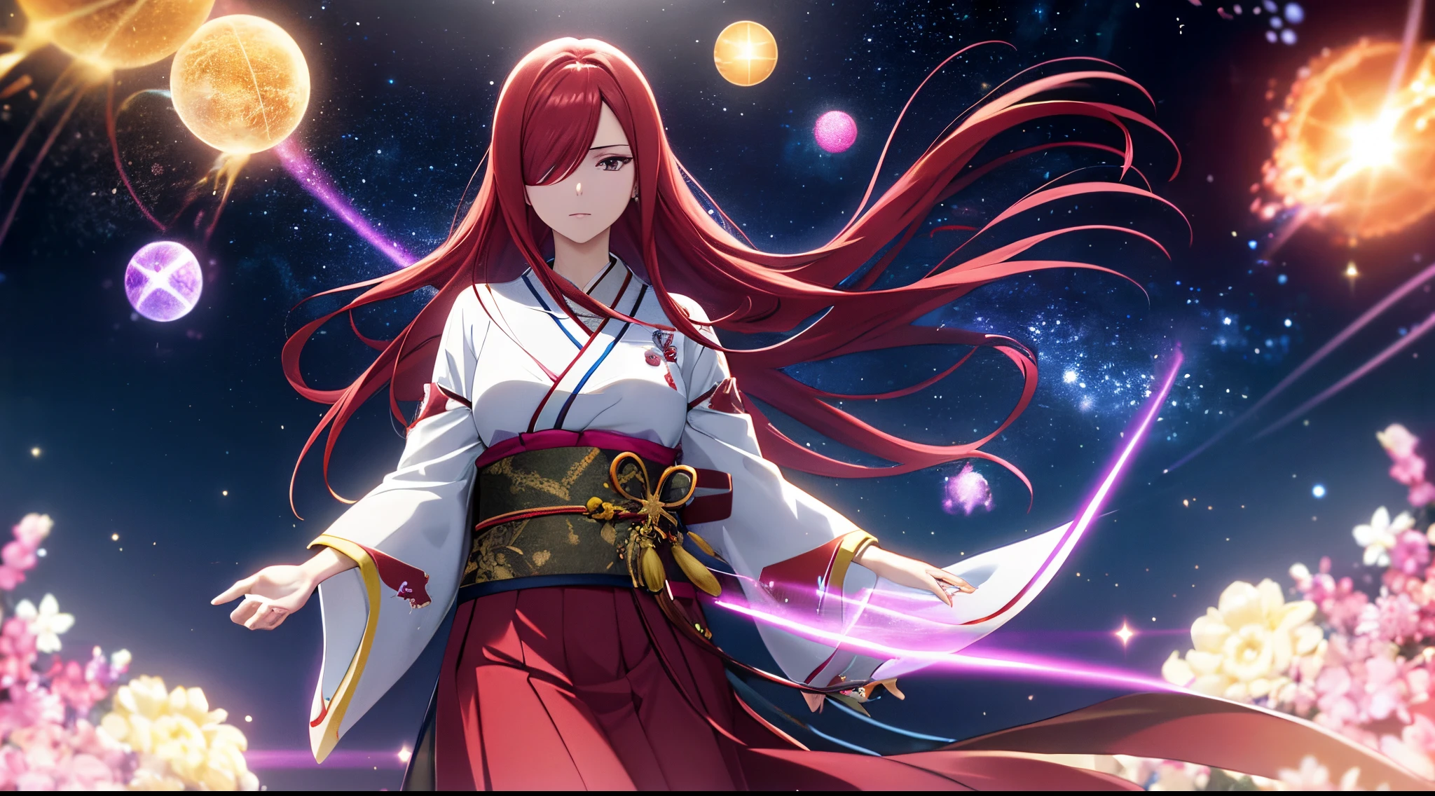 erza, 1girl, solo, long_hair, medium breasts,brown_eyes,red_hair,hair over one eye, standing, looking at viewer,cosmic stars kimono,praying beads on neck, long skirt,outer space galaxy and nebulae,anime style,deep depth of field,wide angle view,Lumen Reflections,Screen Space Reflections,Diffraction Grading,Chromatic Aberration,GB Displacement,Scan Lines,Ray Traced,Anti-Aliasing,FXAA,TXAA,RTX,SSAO,Shaders,OpenGL-Shaders,GLSL-Shaders,Post Processing,Post-Production,cell Shading,Tone Mapping,CGI,VFX,SFX,insanely detailed and intricate, 4K