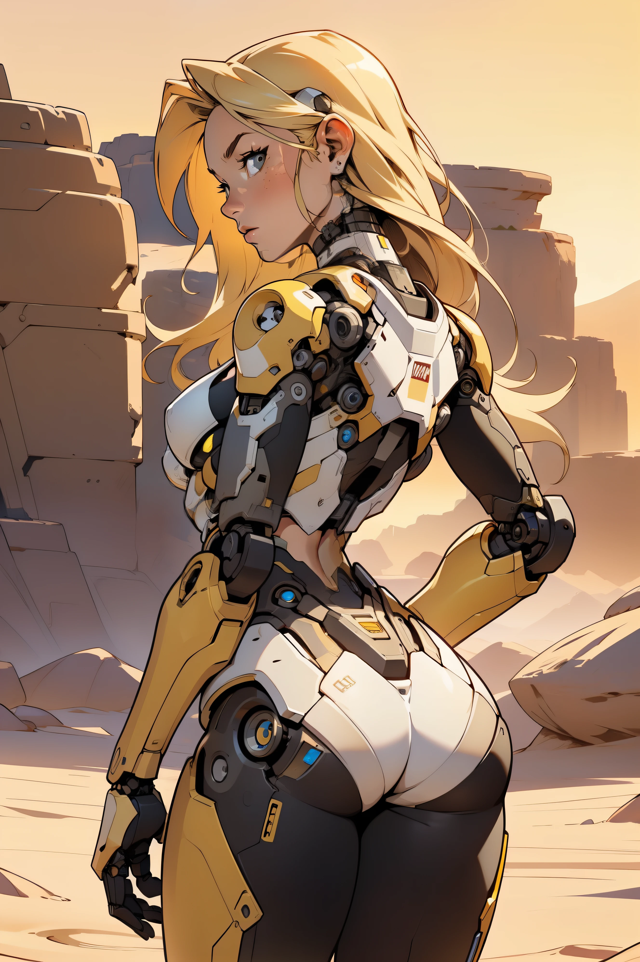high quality, 4k, masterpiece, beautiful, cyborg girl, cowboy shot, dull eyes, back side, turning around to look at viewer, long blonde hair, girl, small breasts, fit thigh, robotic arms, robotic body, cyborg body, yellow accent, red accent, intricate detail, joint, detailed lines, robotic detail, 1fist on hip, color robotic parts, robotic parts with color, perfect fingers, on a desert planet, sunny background, colorful desert,