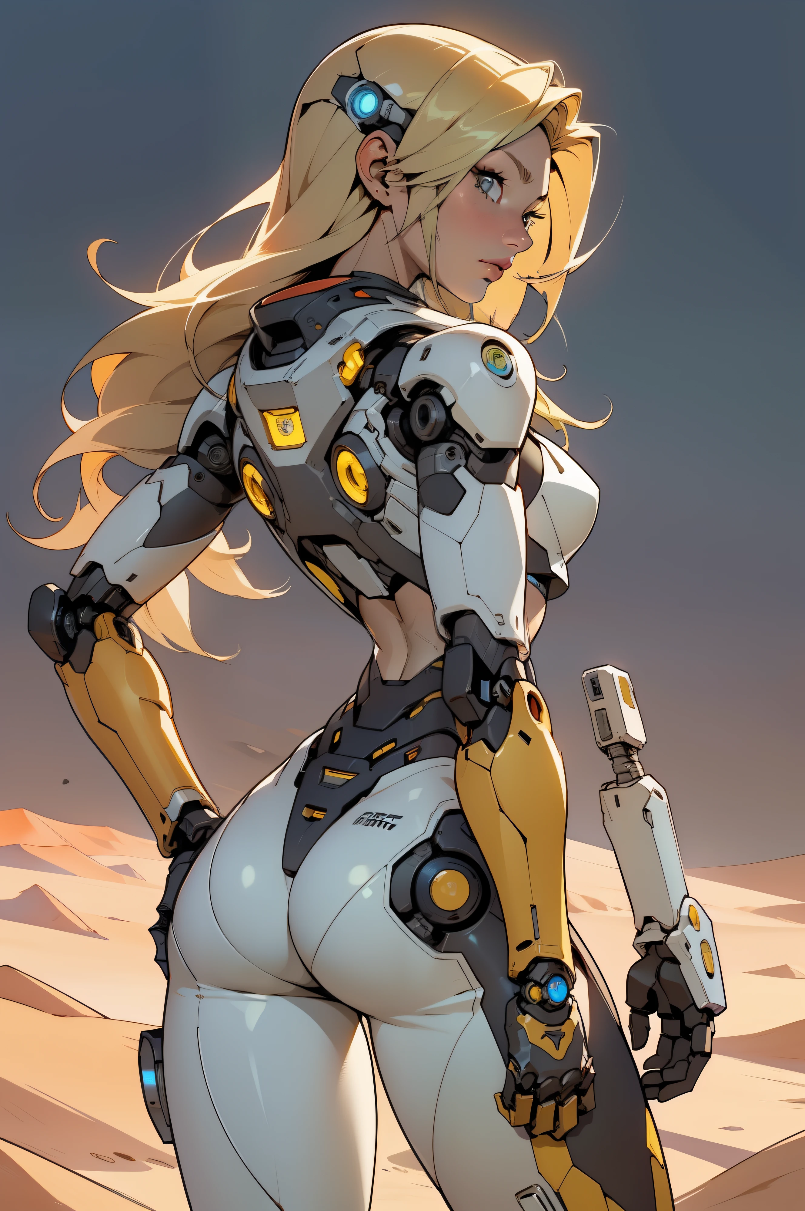 high quality, 4k, masterpiece, beautiful, cyborg girl, cowboy shot, dull eyes, back side, turning around to look at viewer, long blonde hair, girl, small breasts, fit thigh, robotic arms, robotic body, cyborg body, yellow accent, red accent, intricate detail, joint, detailed lines, robotic detail, 1fist on hip, color robotic parts, robotic parts with color, perfect fingers, on a desert planet, sunny background, colorful desert,