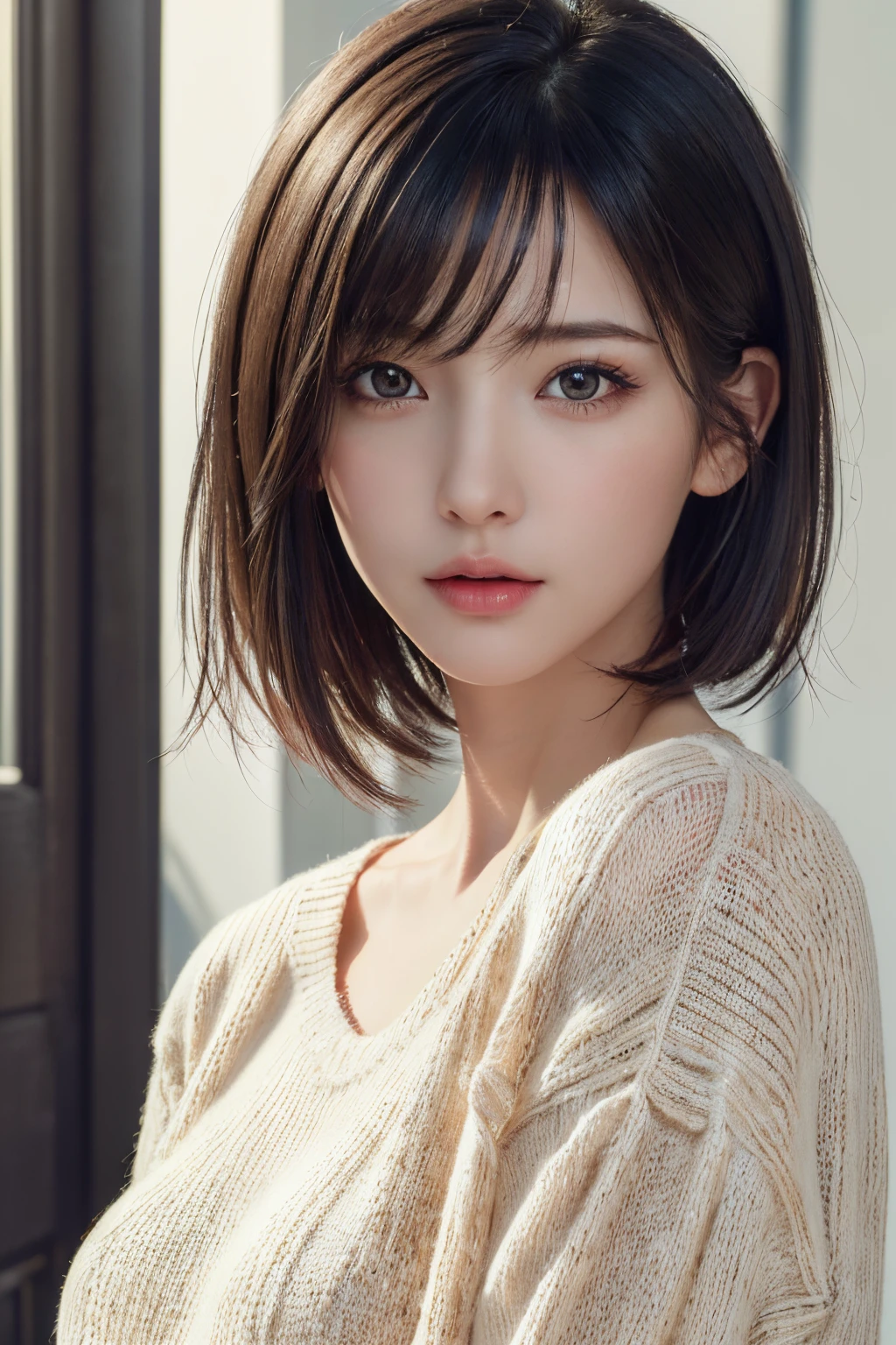 (masterpiece:1.3), (8k, photorealistic, RAW photo, best quality: 1.4), (1girl), beautiful face, (realistic face), (black hair, short hair:1.3), beautiful hairstyle, realistic eyes, beautiful detailed eyes, (realistic skin), beautiful skin, (sweater), absurdres, attractive, ultra high res, ultra realistic, highly detailed, golden ratio