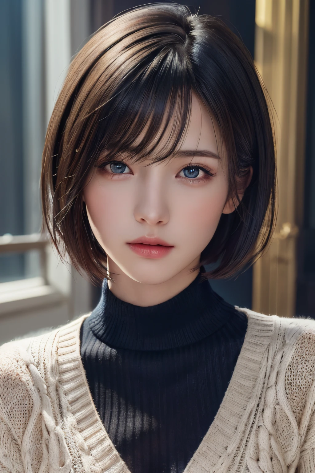 (masterpiece:1.3), (8k, photorealistic, RAW photo, best quality: 1.4), (1girl), beautiful face, (realistic face), (black hair, short hair:1.3), beautiful hairstyle, realistic eyes, beautiful detailed eyes, (realistic skin), beautiful skin, (sweater), absurdres, attractive, ultra high res, ultra realistic, highly detailed, golden ratio