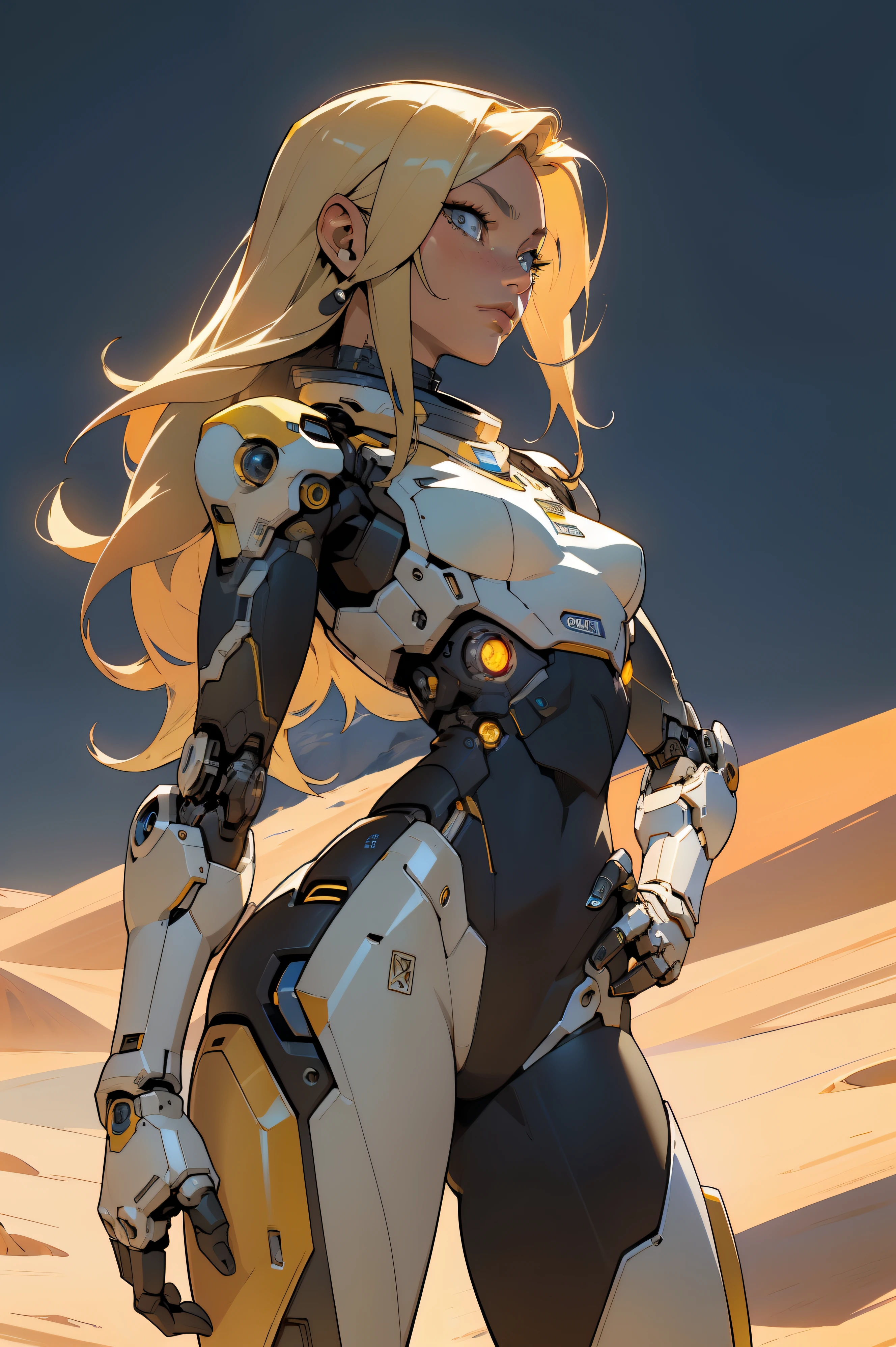 high quality, 4k, masterpiece, beautiful, cyborg girl, cowboy shot, dull eyes, back side, turning around to look at viewer, long blonde hair, girl, small breasts, fit thigh, robotic arms, robotic body, cyborg body, yellow accent, red accent, intricate detail, joint, detailed lines, robotic detail, 1fist on hip, color robotic parts, robotic parts with color, perfect fingers, on a desert planet, sunny background, colorful desert,