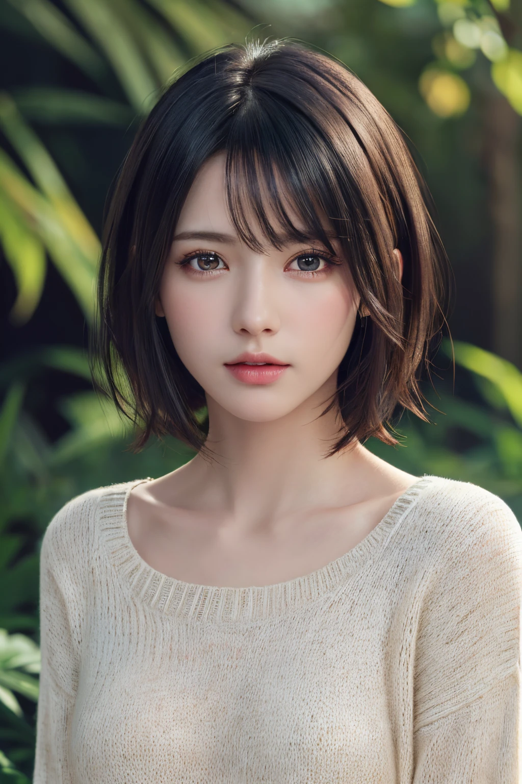 (masterpiece:1.3), (8k, photorealistic, RAW photo, best quality: 1.4), (1girl), beautiful face, (realistic face), (black hair, short hair:1.3), beautiful hairstyle, realistic eyes, beautiful detailed eyes, (realistic skin), beautiful skin, (sweater), absurdres, attractive, ultra high res, ultra realistic, highly detailed, golden ratio