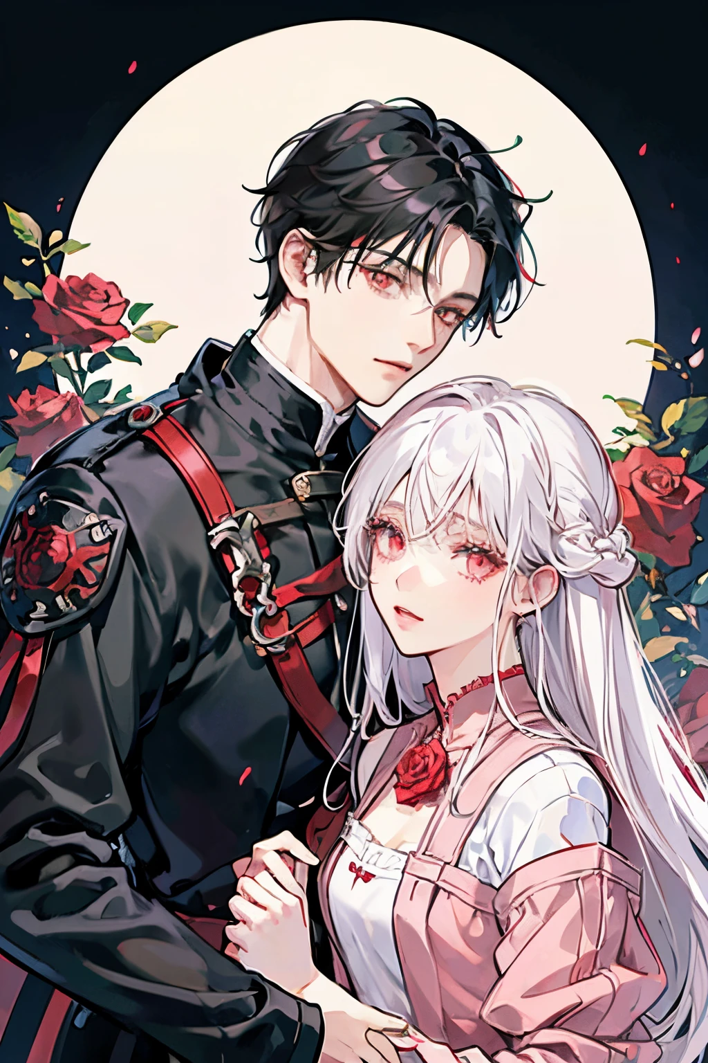 anime couple, adult, mature face, human,  (1 male: black hair and red eyes), (1 female: white hair and rose pink eyes, small breasts), fantasy, medieval times