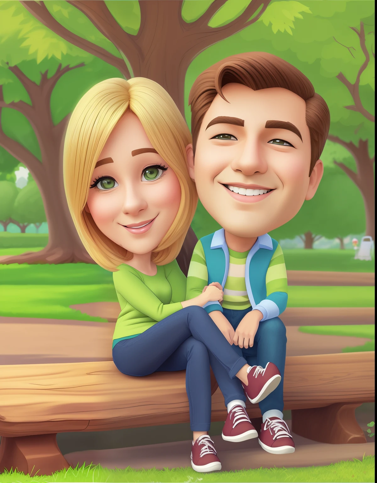 cartoon couple sitting on a bench in a park with a tree in the background, cartoon digital painting, cartoon digital art, digital art cartoon, digital cartoon painting art, cartoon portrait, caricature illustration, cartoon art, cartoon artstyle, couple portrait, couples portrait, realistic cartoon, realistic portrait photo, happy couple, in cartoon style, charicature, cartoon style illustration
